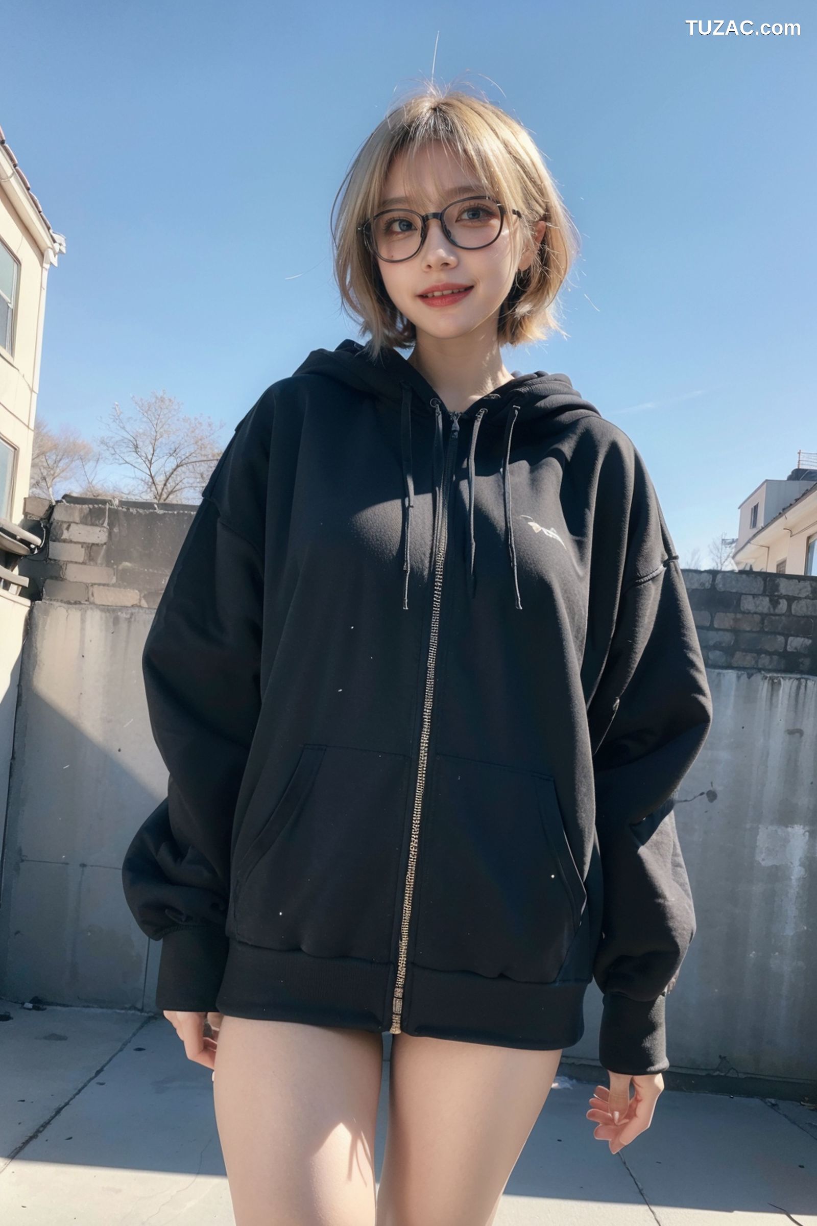 AI美女-拟实-黑色连帽衫女孩户外