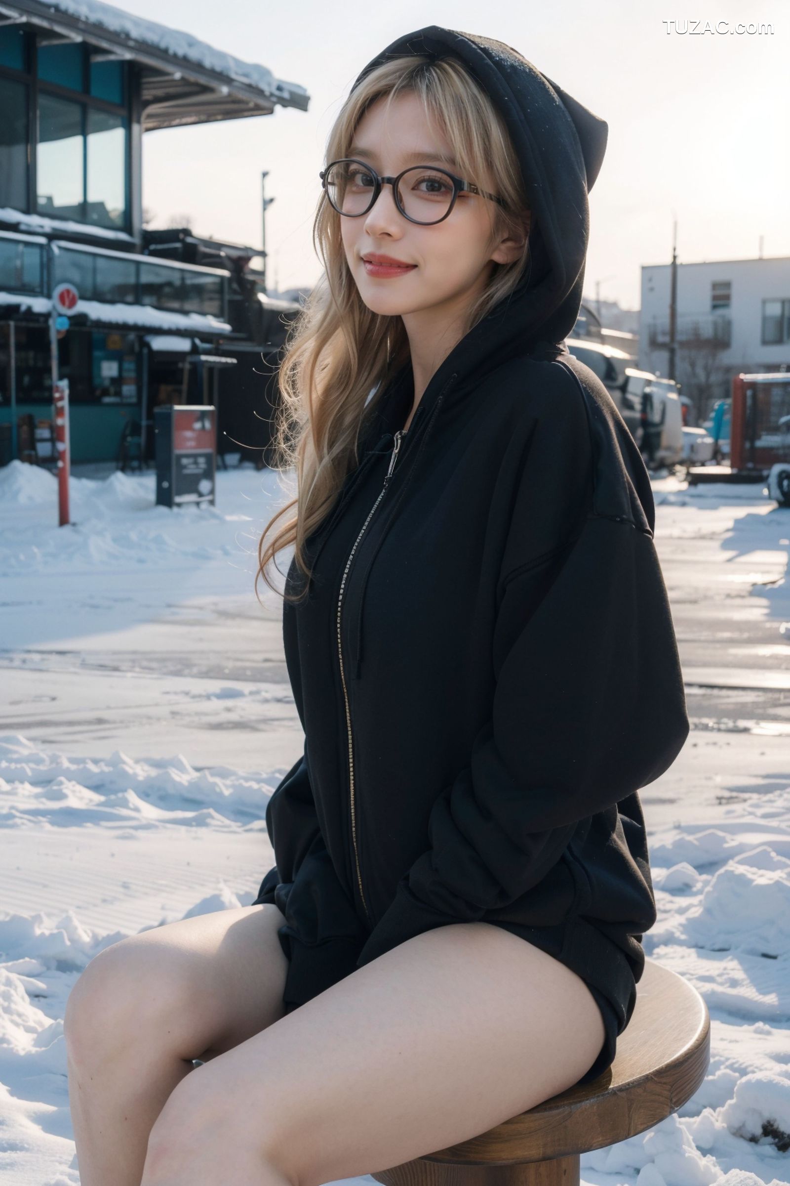 AI美女-拟实-黑色连帽衫女孩户外