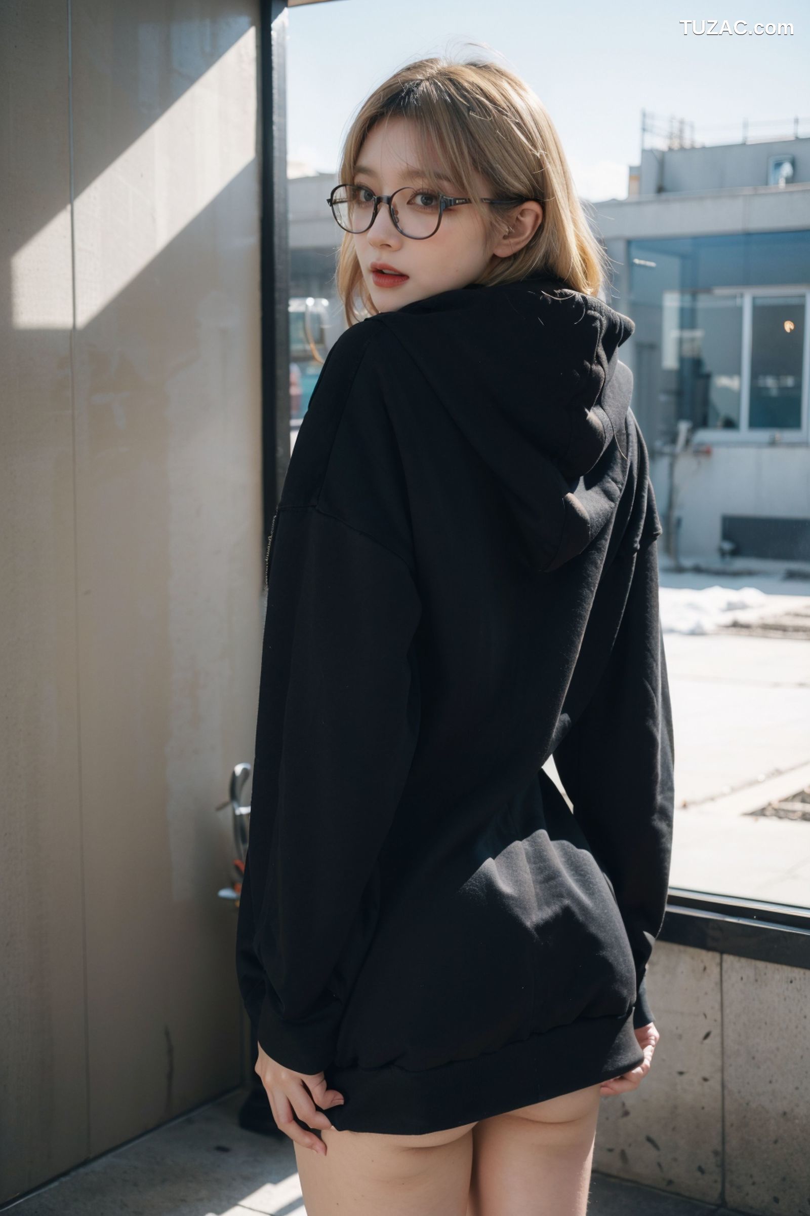 AI美女-拟实-黑色连帽衫女孩户外