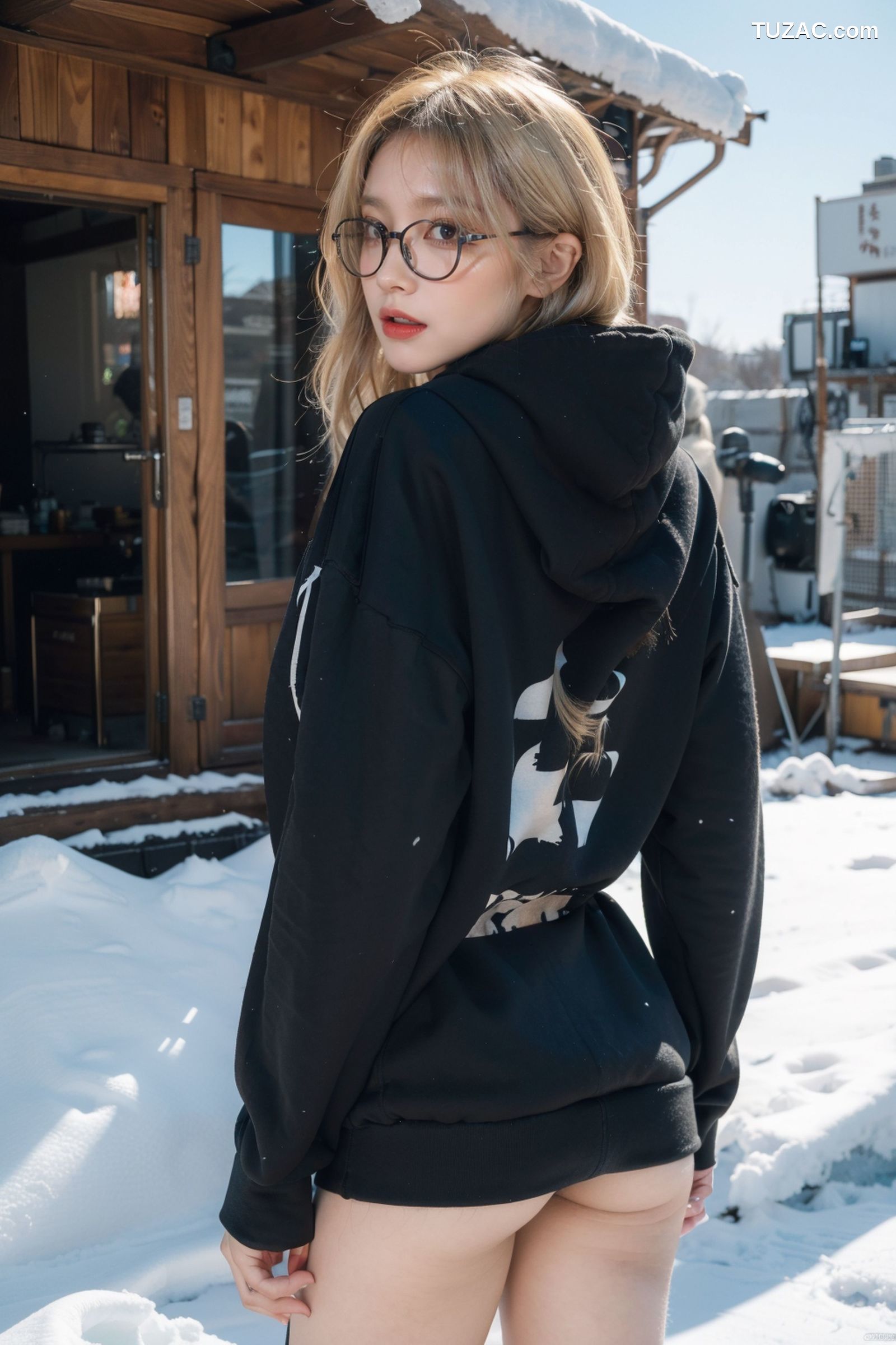 AI美女-拟实-黑色连帽衫女孩户外