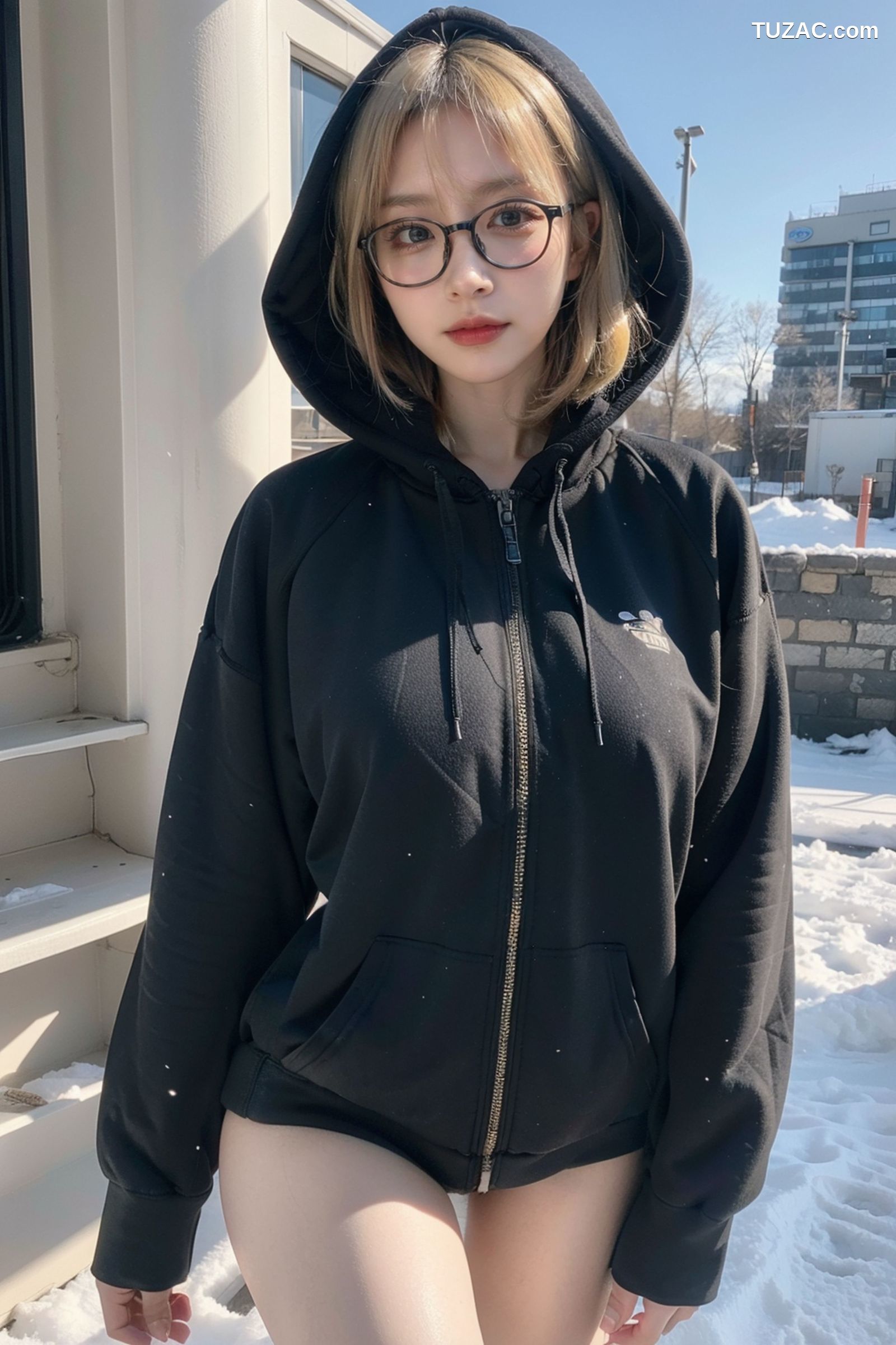AI美女-拟实-黑色连帽衫女孩户外
