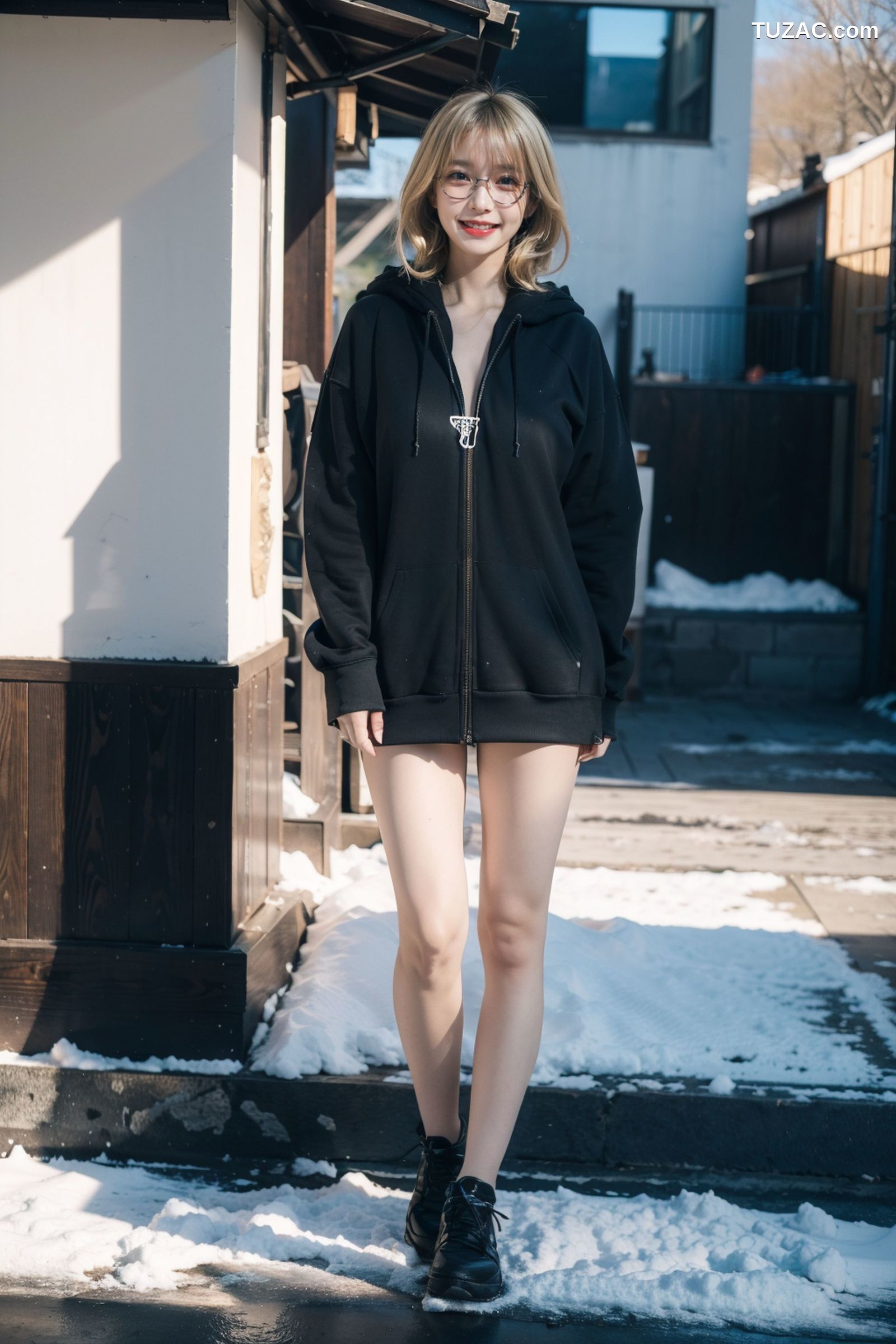 AI美女-拟实-黑色连帽衫女孩户外