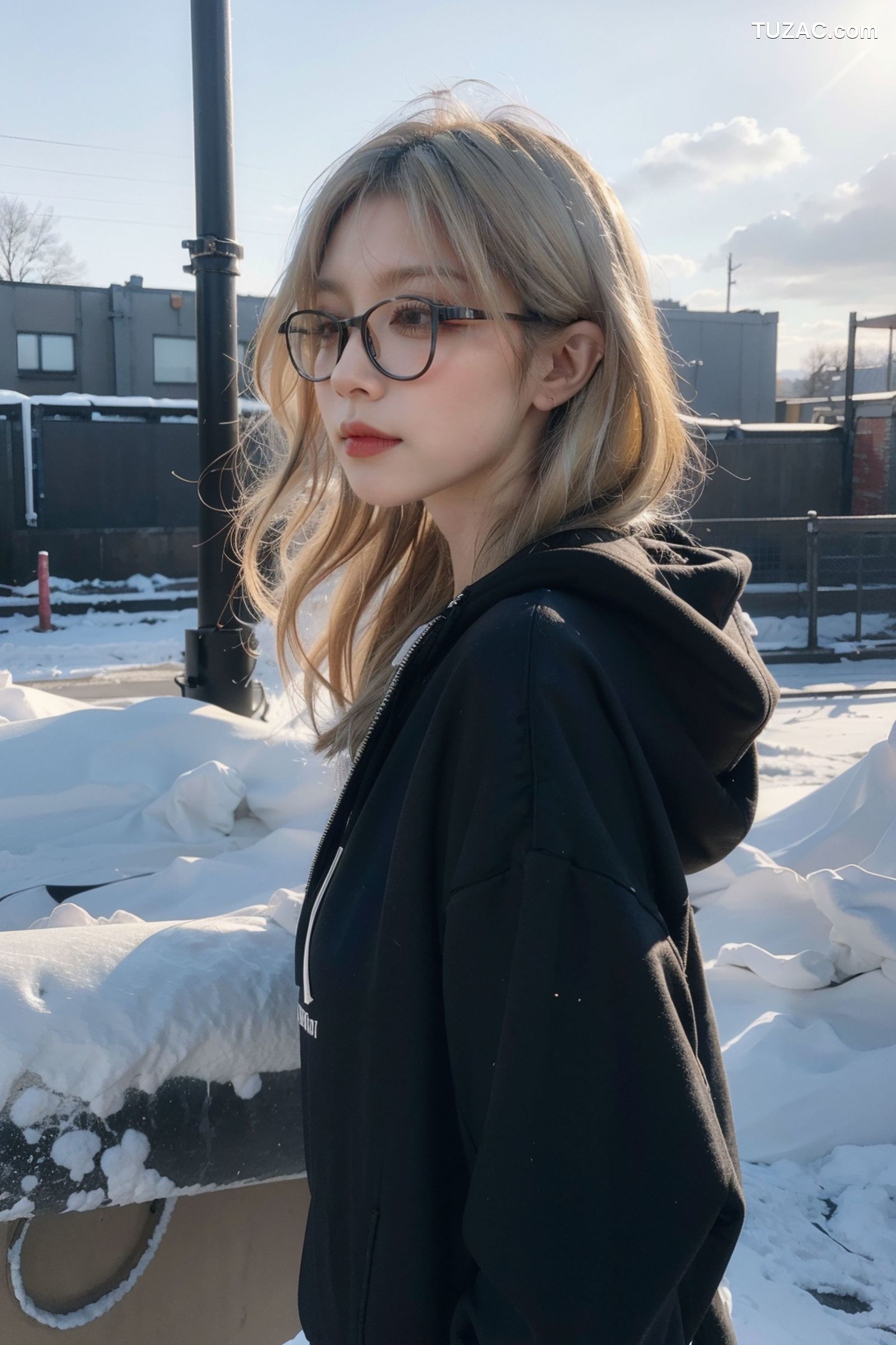 AI美女-拟实-黑色连帽衫女孩户外