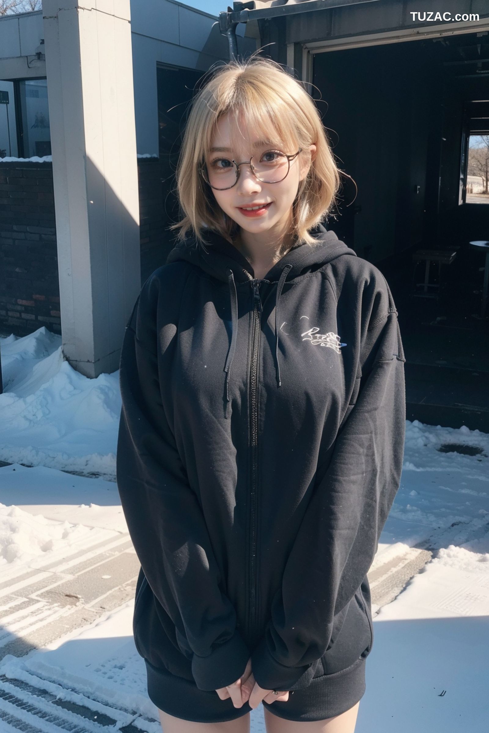 AI美女-拟实-黑色连帽衫女孩户外