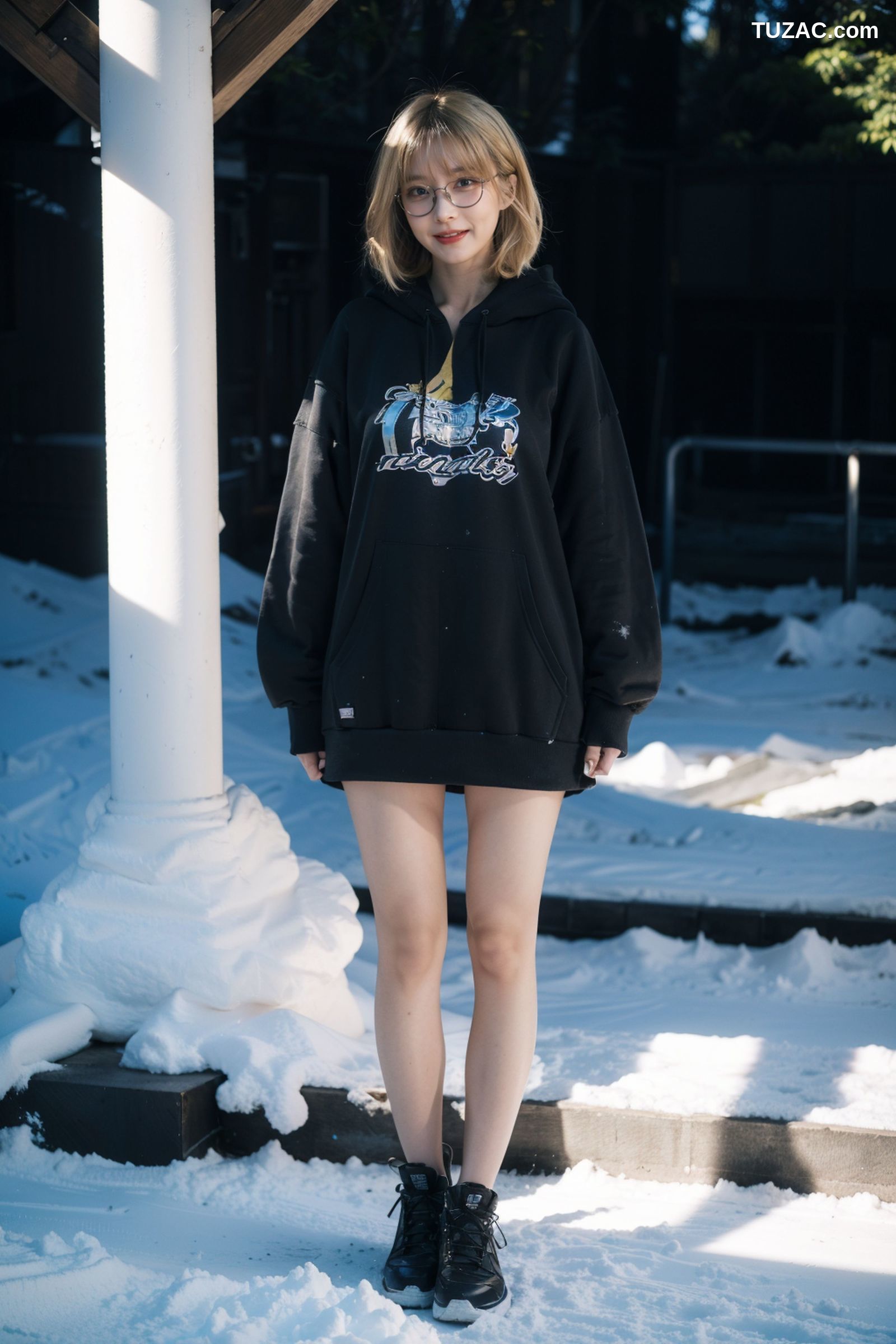 AI美女-拟实-黑色连帽衫女孩户外