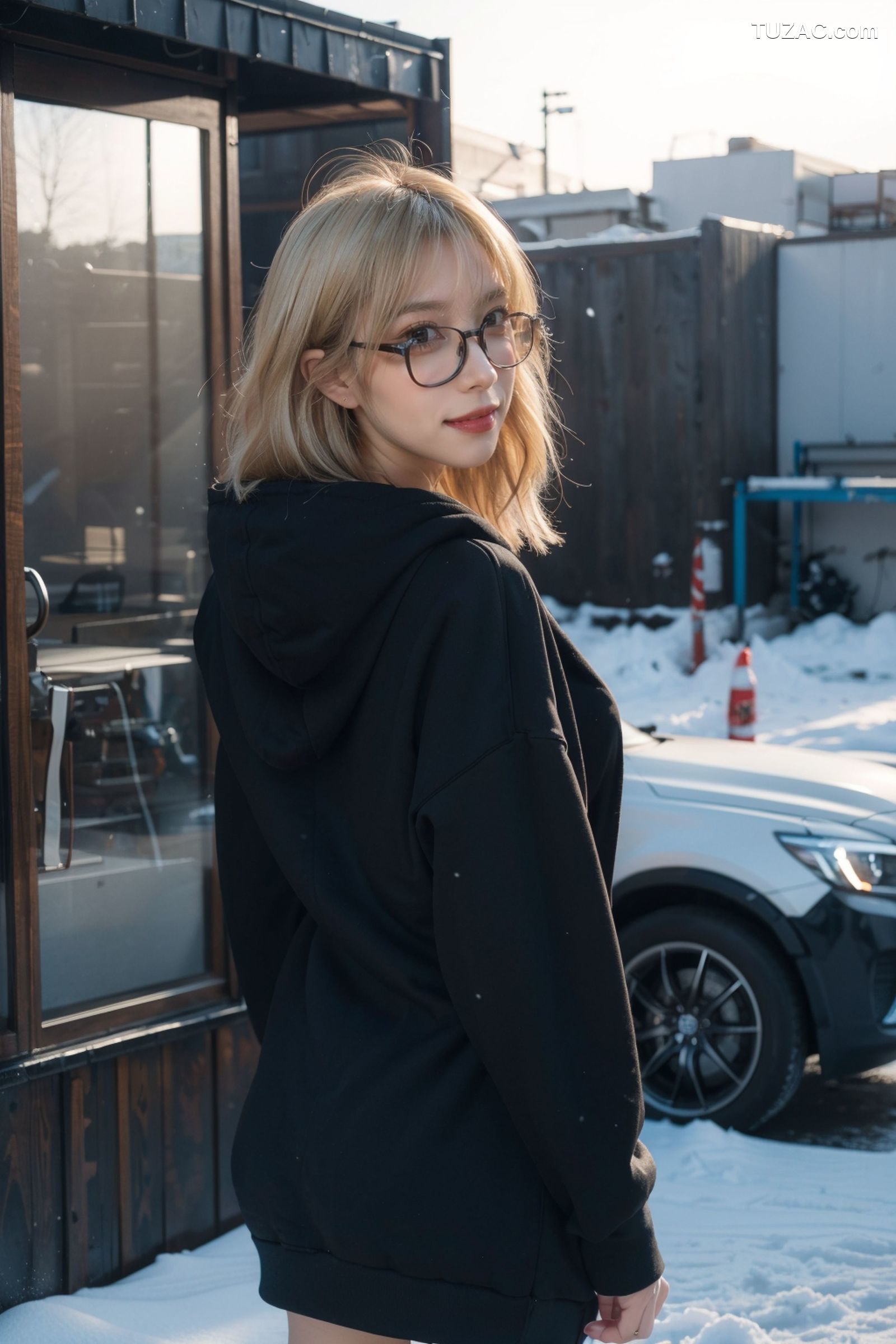 AI美女-拟实-黑色连帽衫女孩户外