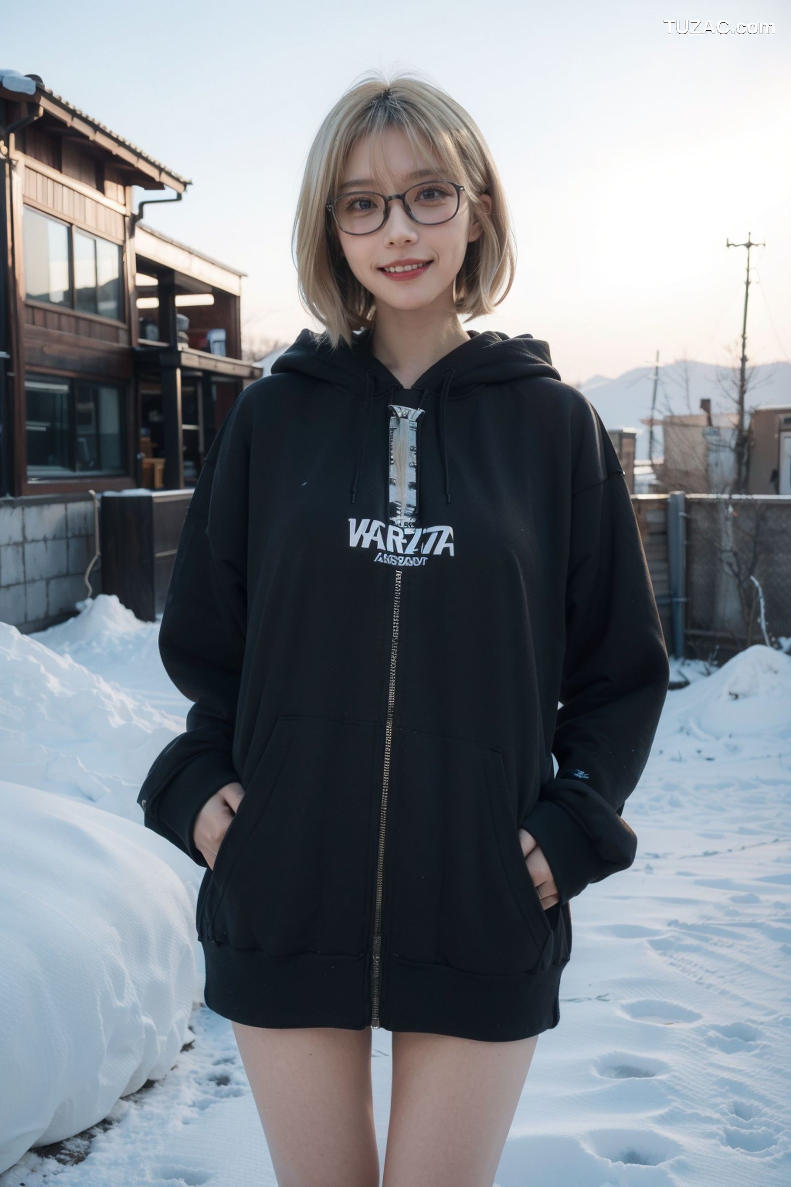 AI美女-拟实-黑色连帽衫女孩户外