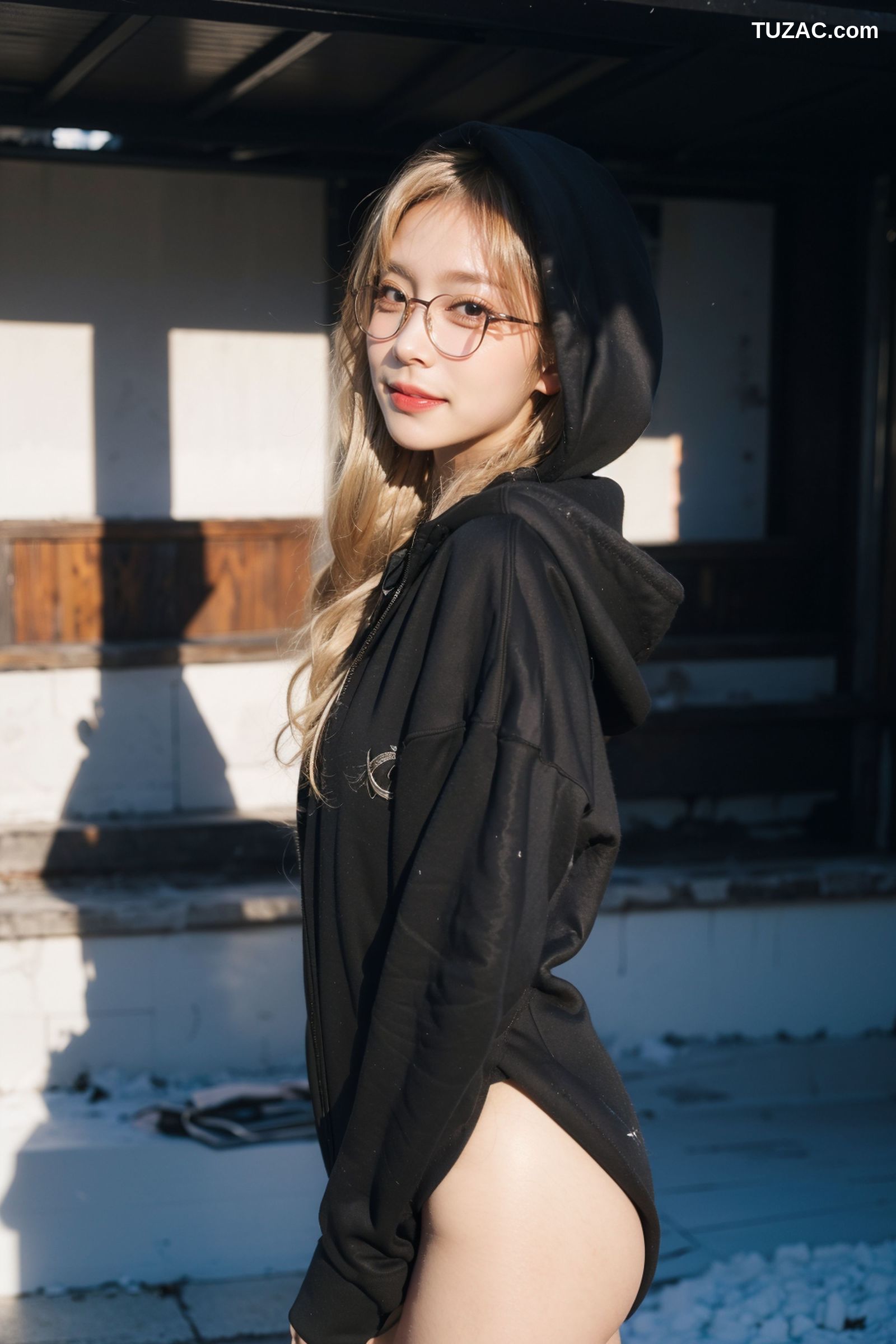 AI美女-拟实-黑色连帽衫女孩户外