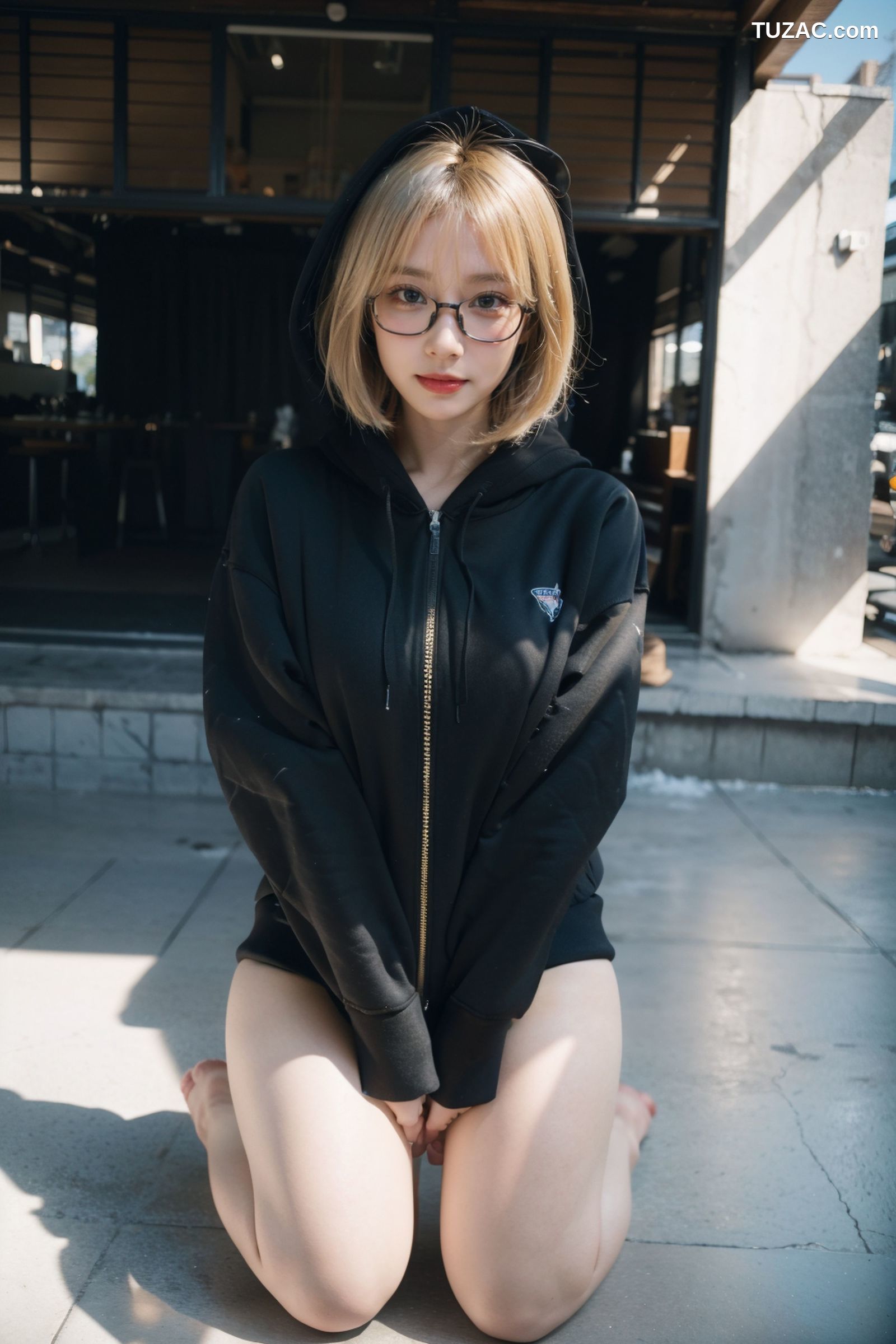 AI美女-拟实-黑色连帽衫女孩户外