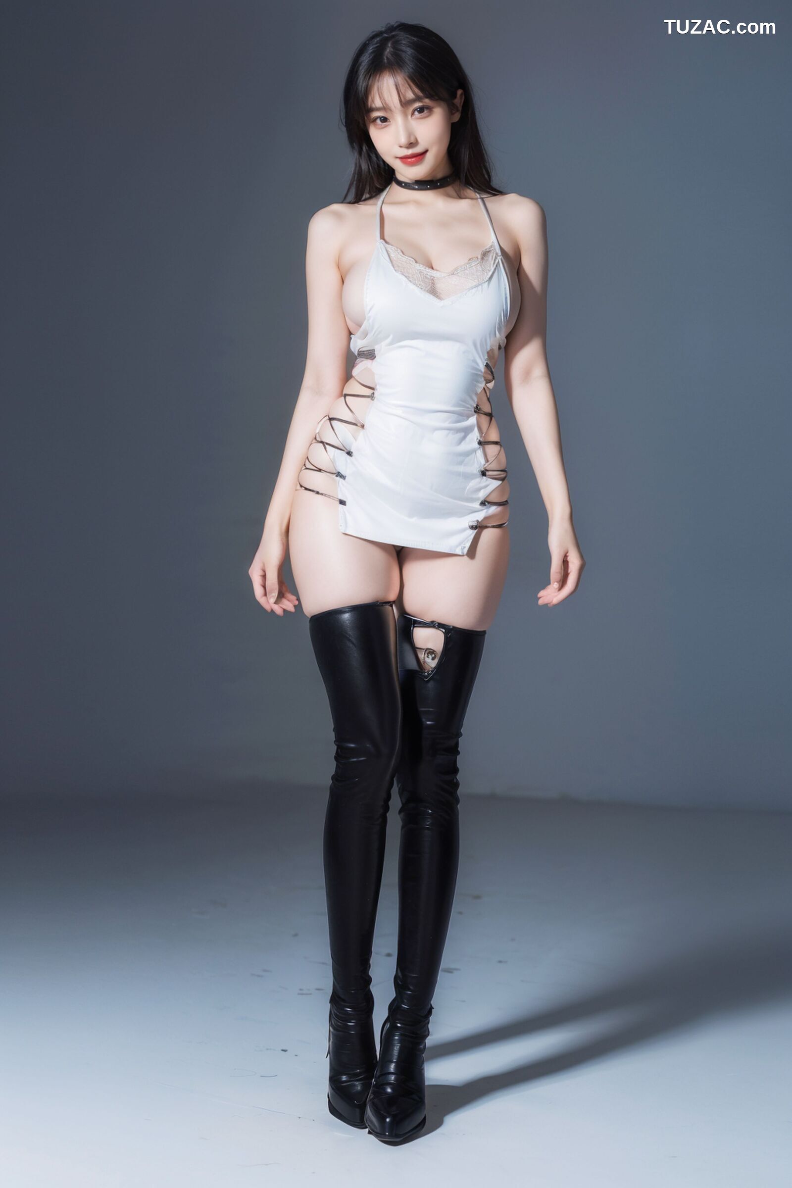 AI美女-拟实-黑色长皮靴情趣黑胶衣-室内版