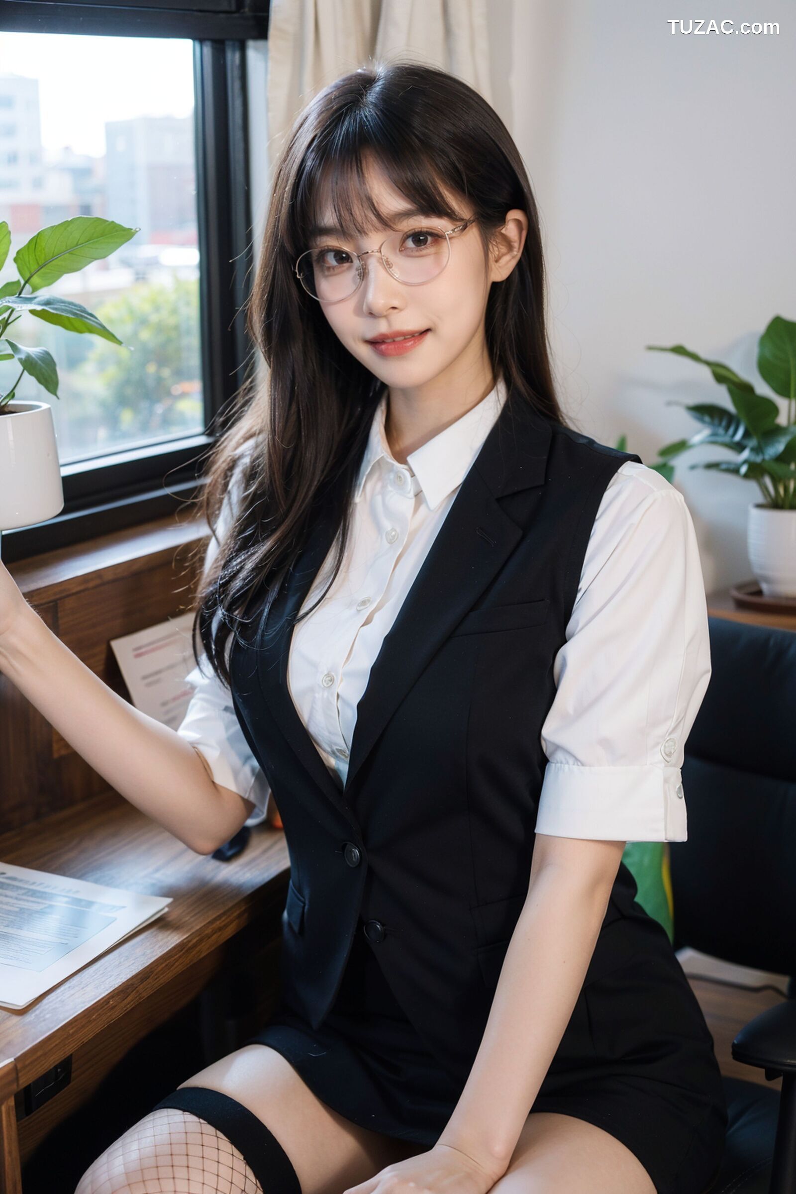 AI美女-拟实-黑色马甲办公室女郎
