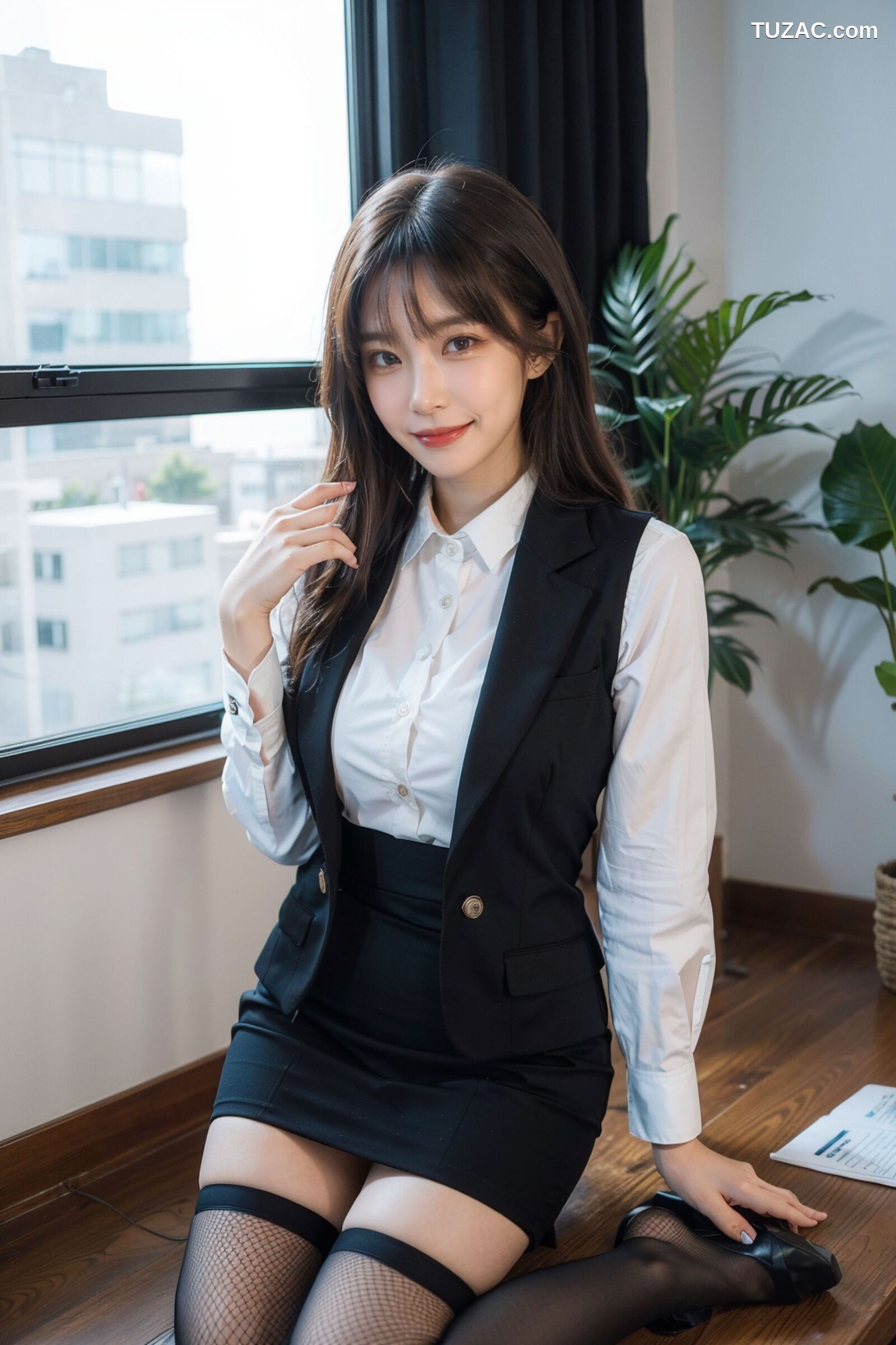 AI美女-拟实-黑色马甲办公室女郎