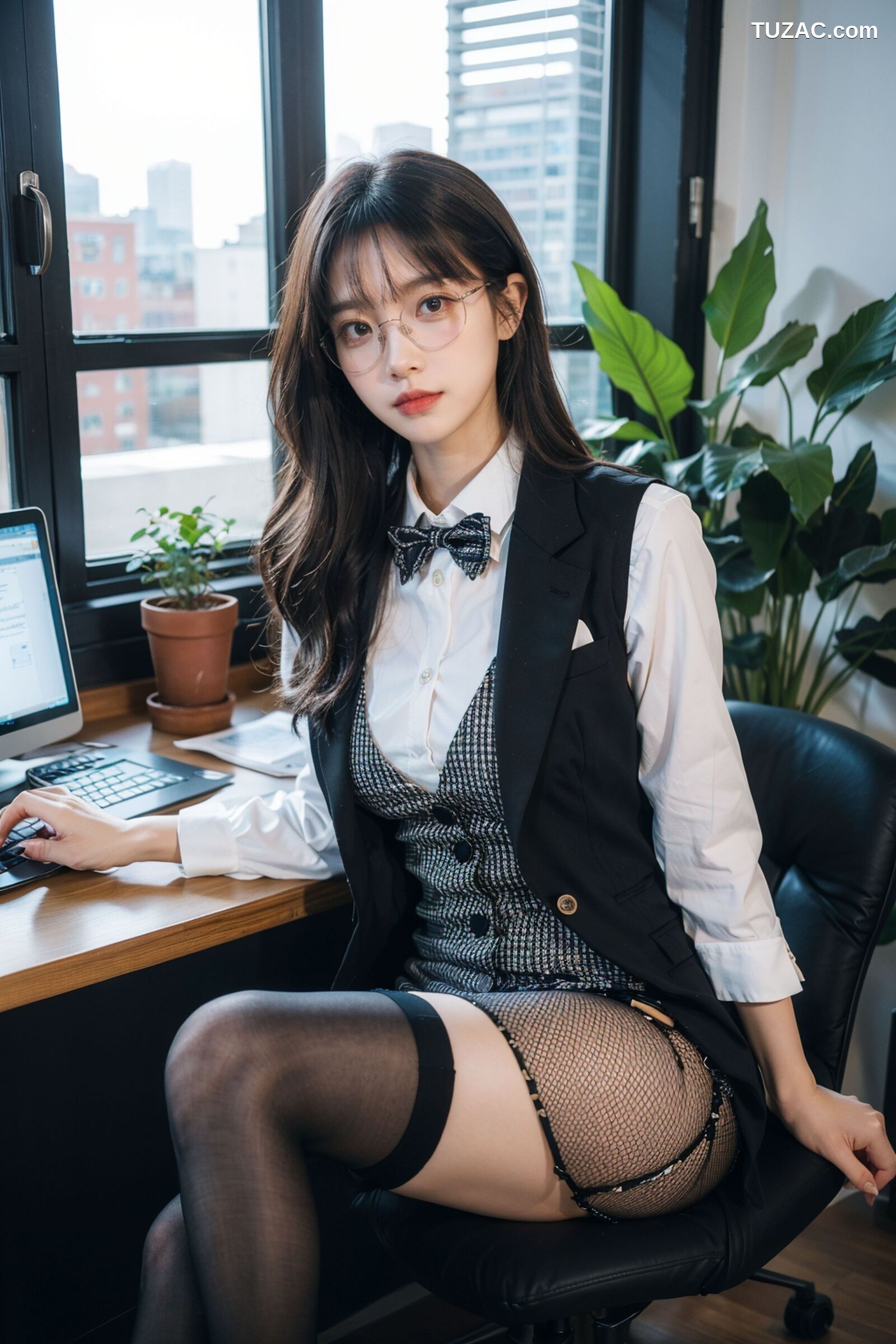 AI美女-拟实-黑色马甲办公室女郎