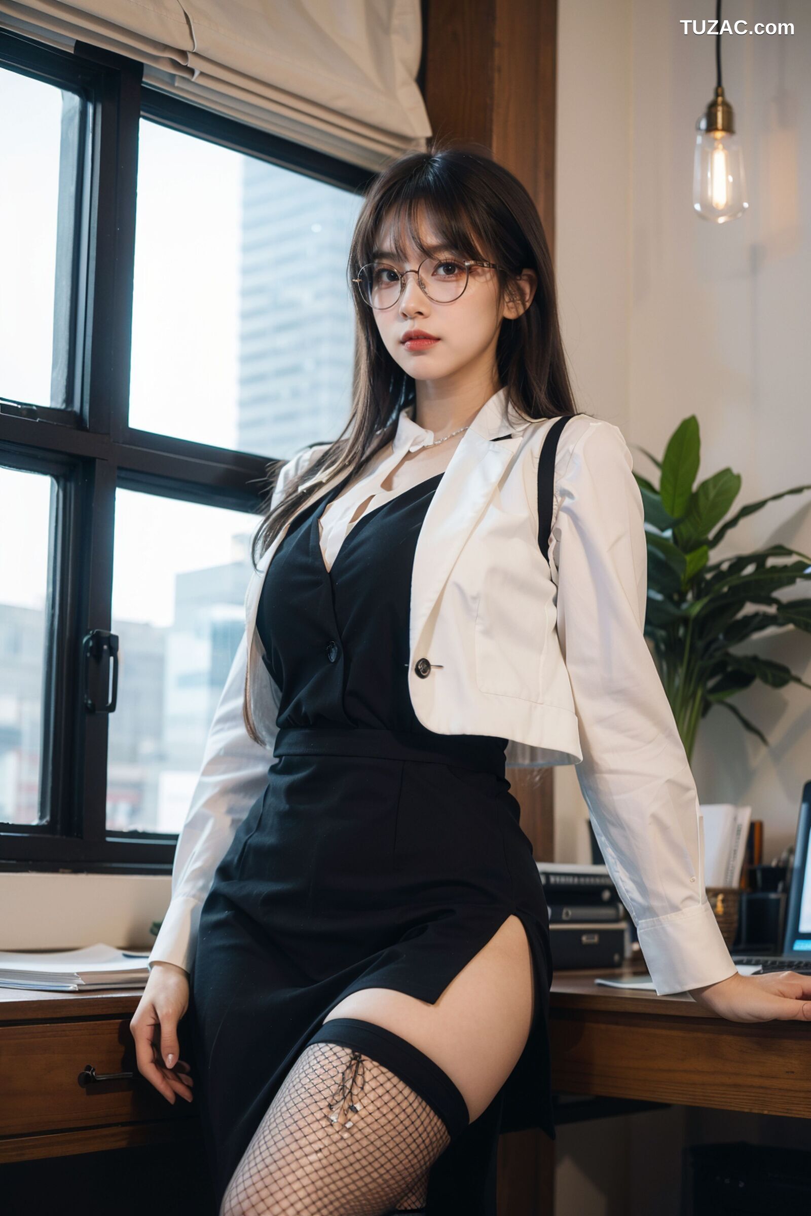 AI美女-拟实-黑色马甲办公室女郎