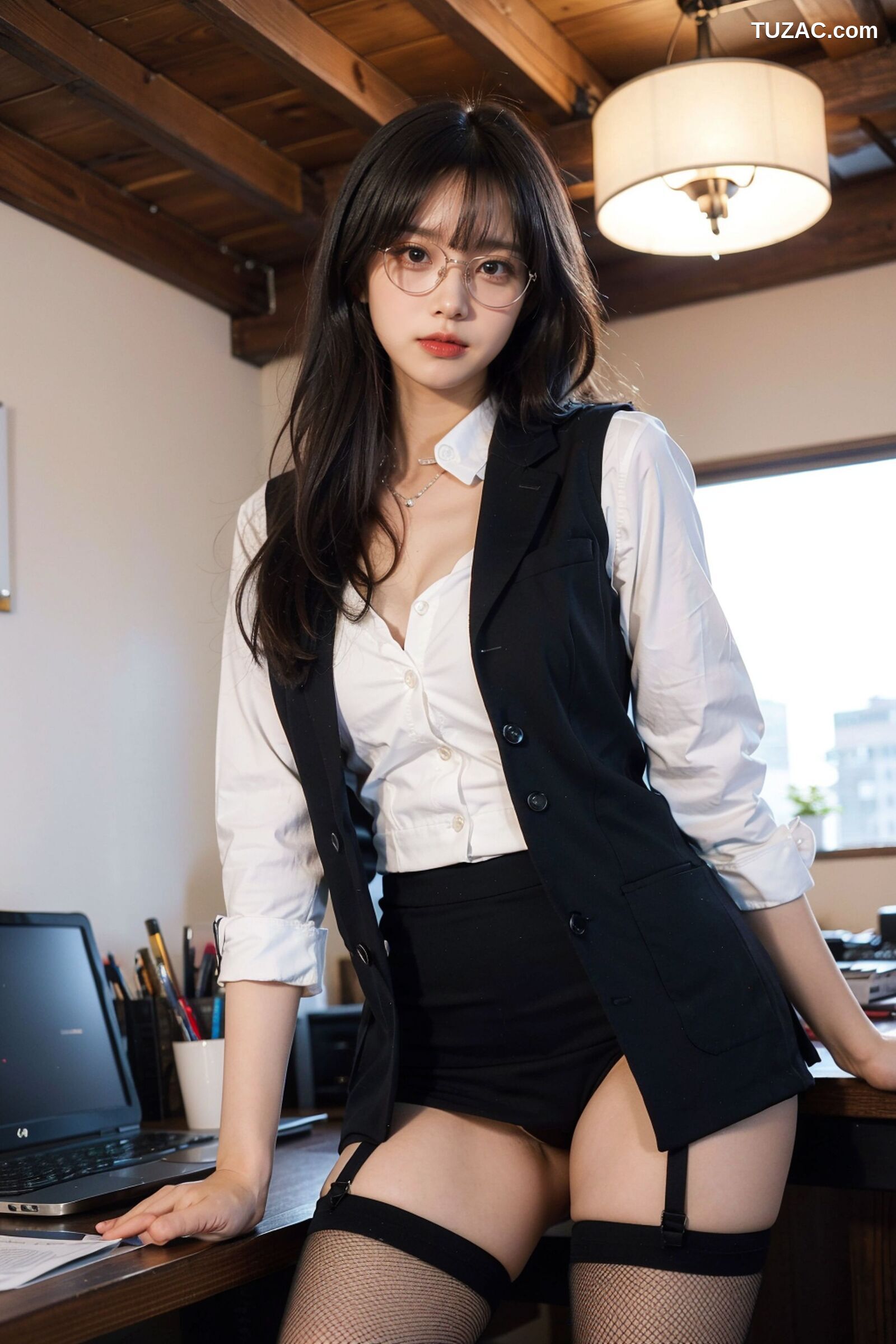 AI美女-拟实-黑色马甲办公室女郎