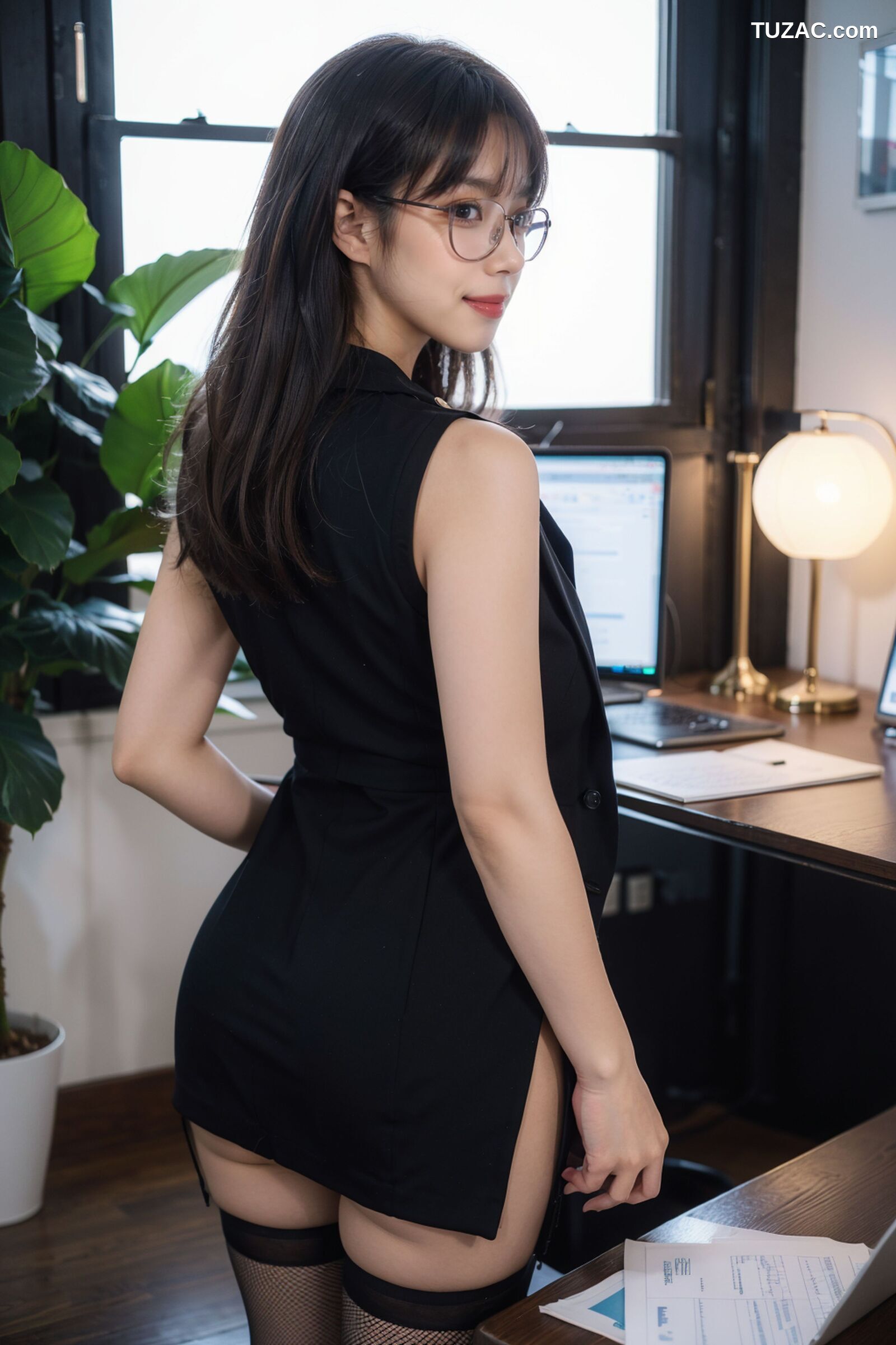 AI美女-拟实-黑色马甲办公室女郎