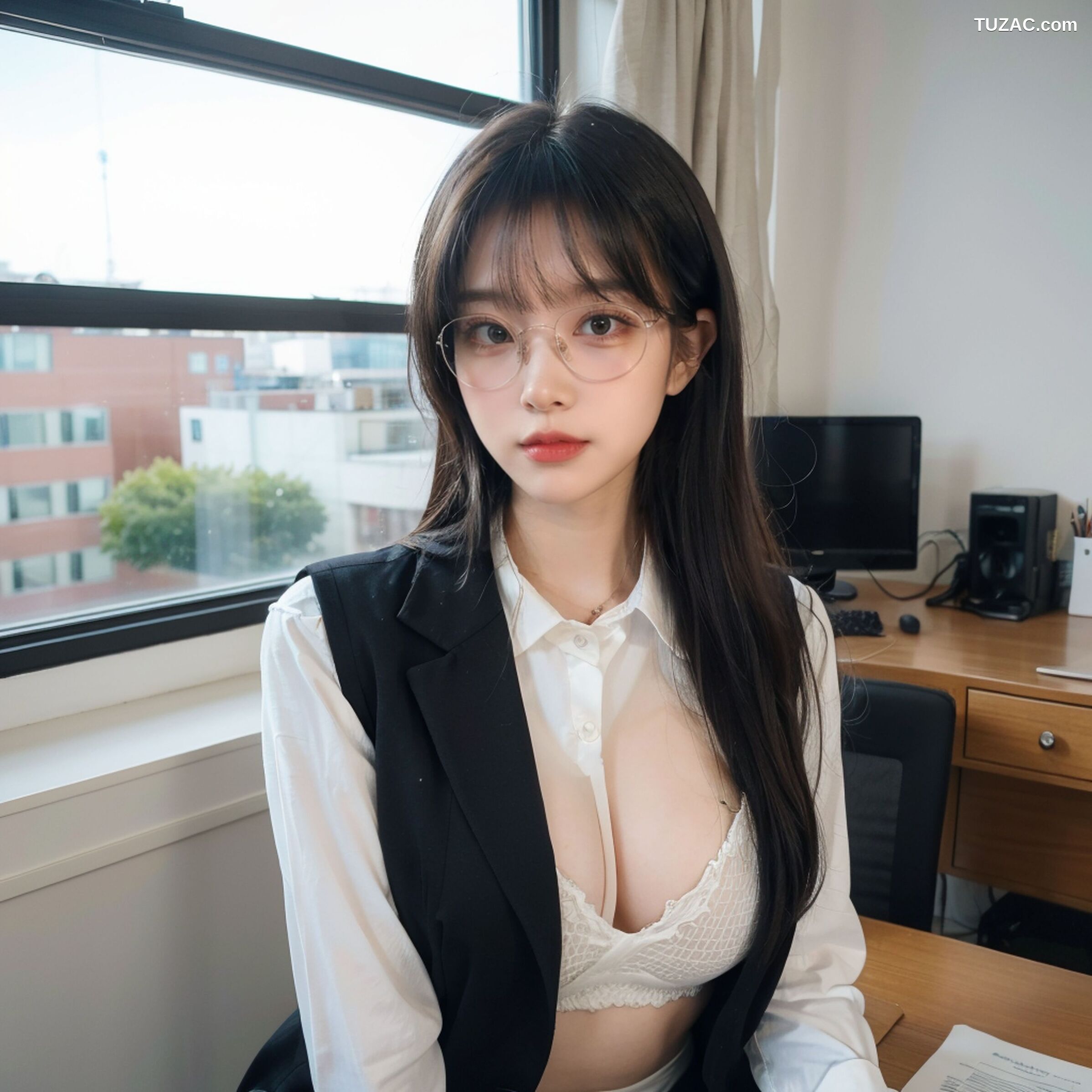 AI美女-拟实-黑色马甲办公室女郎