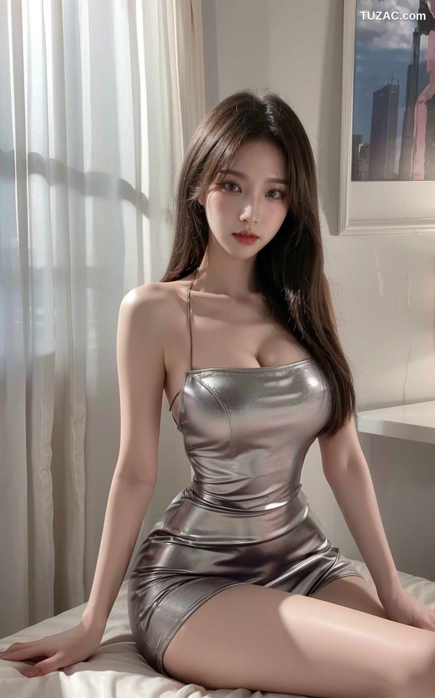 AI美女-拟实-黑长发银色吊带短裙-纯净版