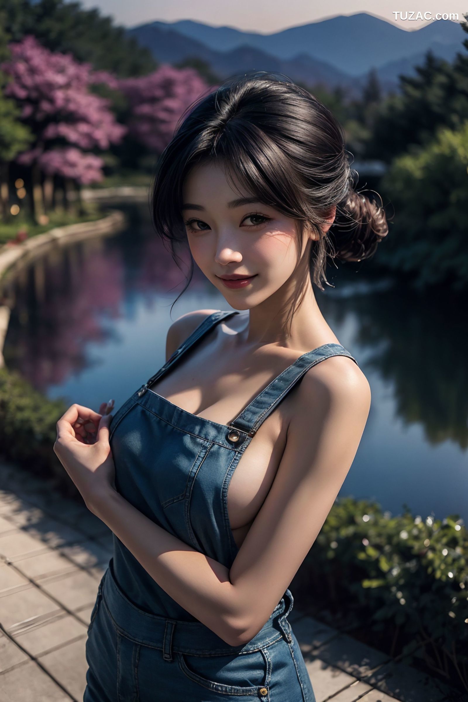 AI美女-穿牛仔吊带裤的女孩-纯净版