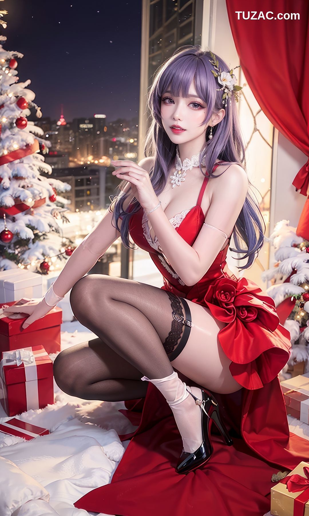 AI美女-紫发美女-性感吊带裙