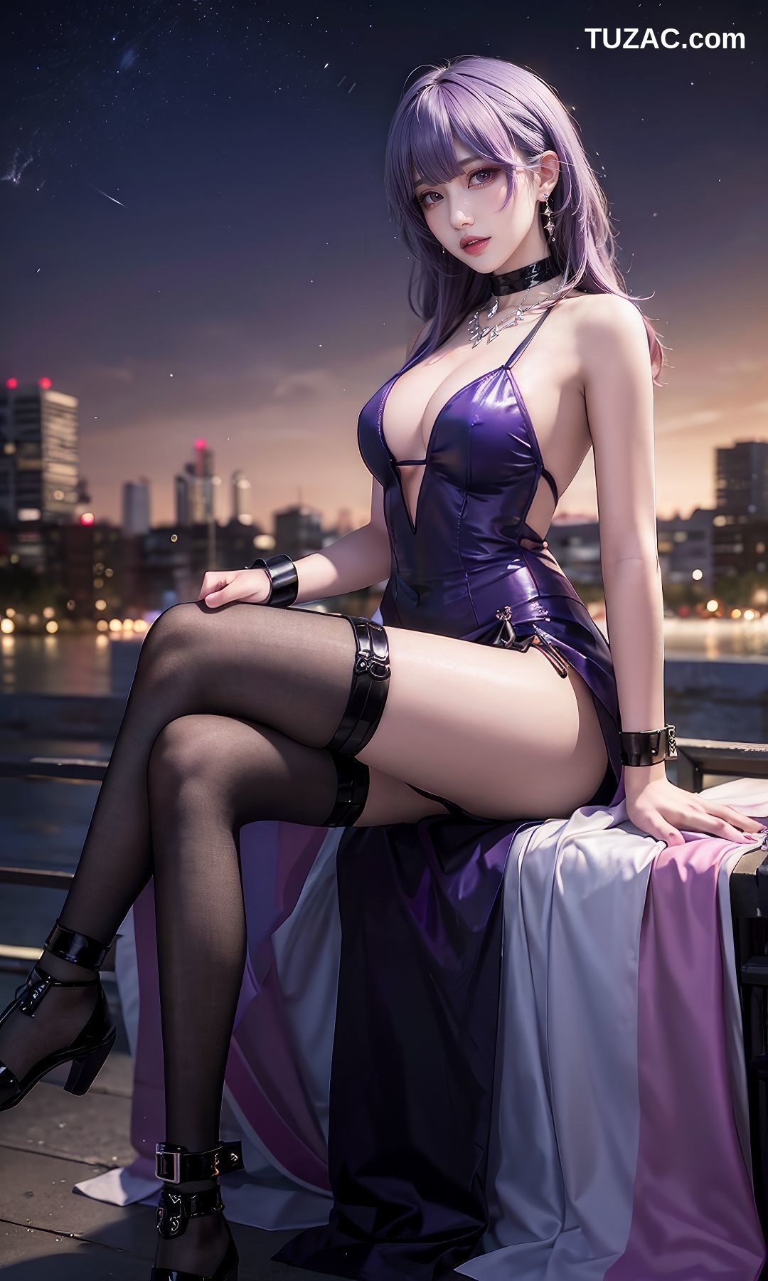 AI美女-紫发美女-性感吊带裙