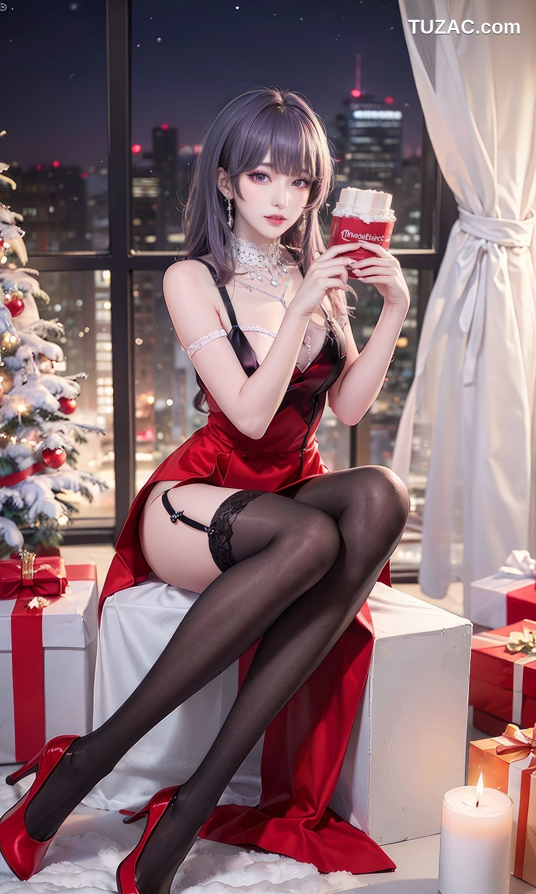 AI美女-紫发美女-性感吊带裙