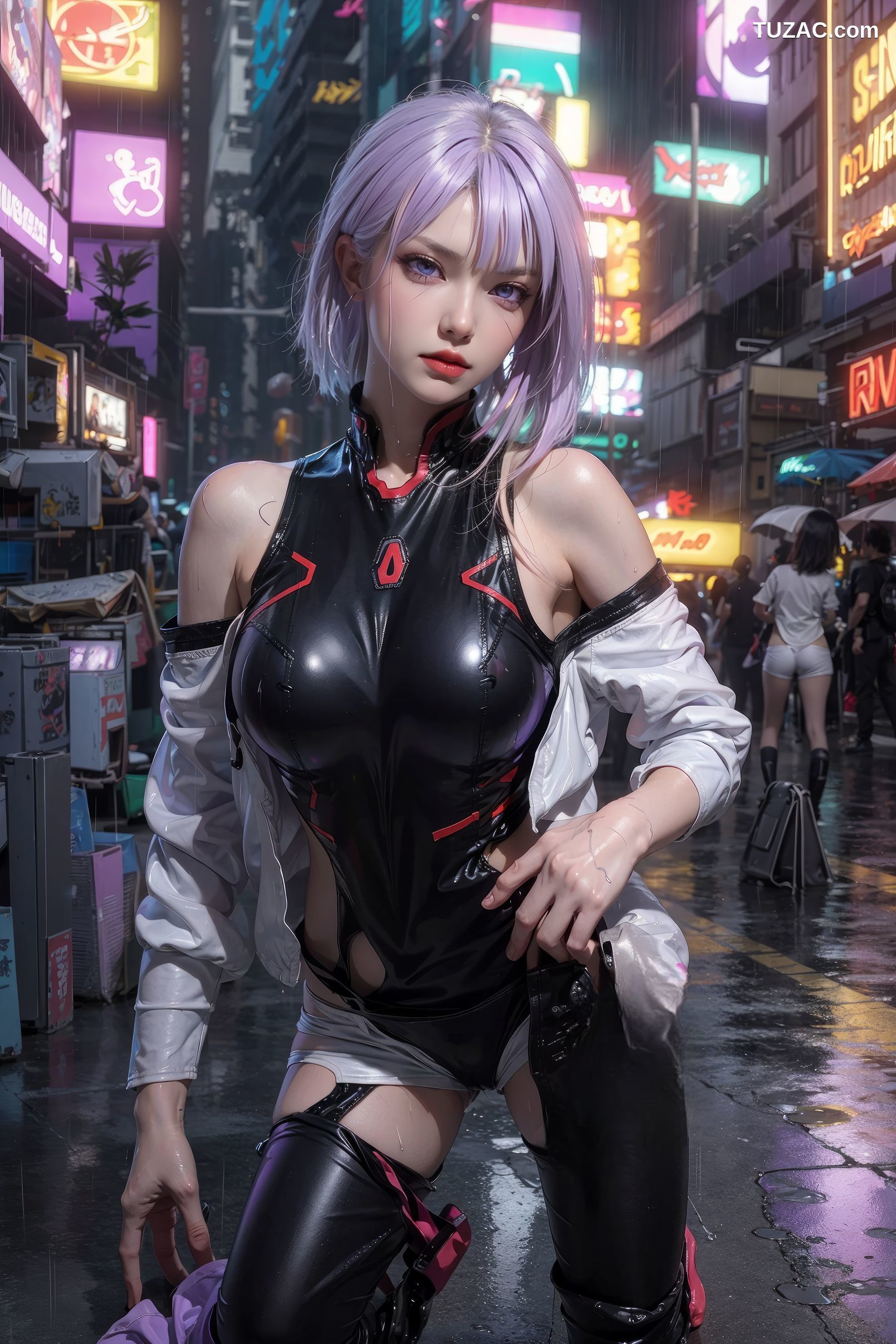 AI美女-赛博朋克-露西-淡紫色短发美少女