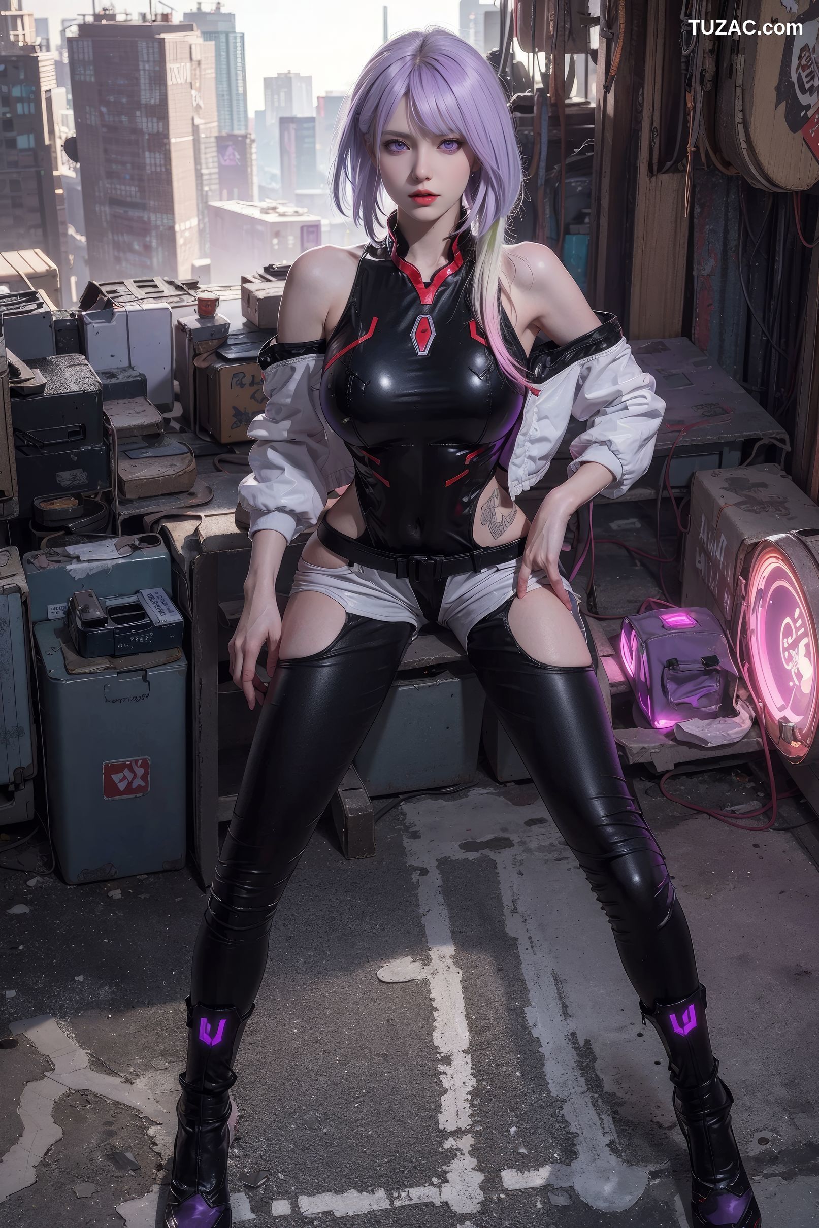 AI美女-赛博朋克-露西-淡紫色短发美少女