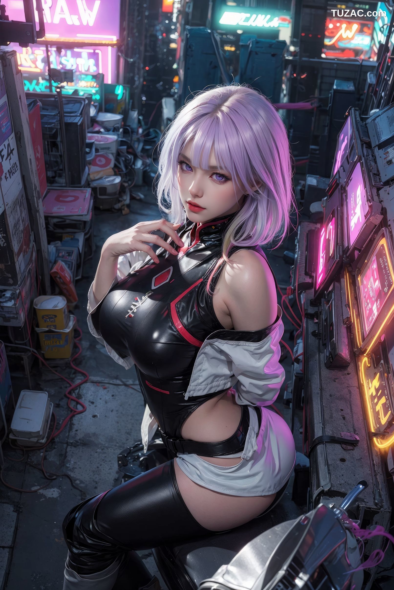 AI美女-赛博朋克-露西-淡紫色短发美少女