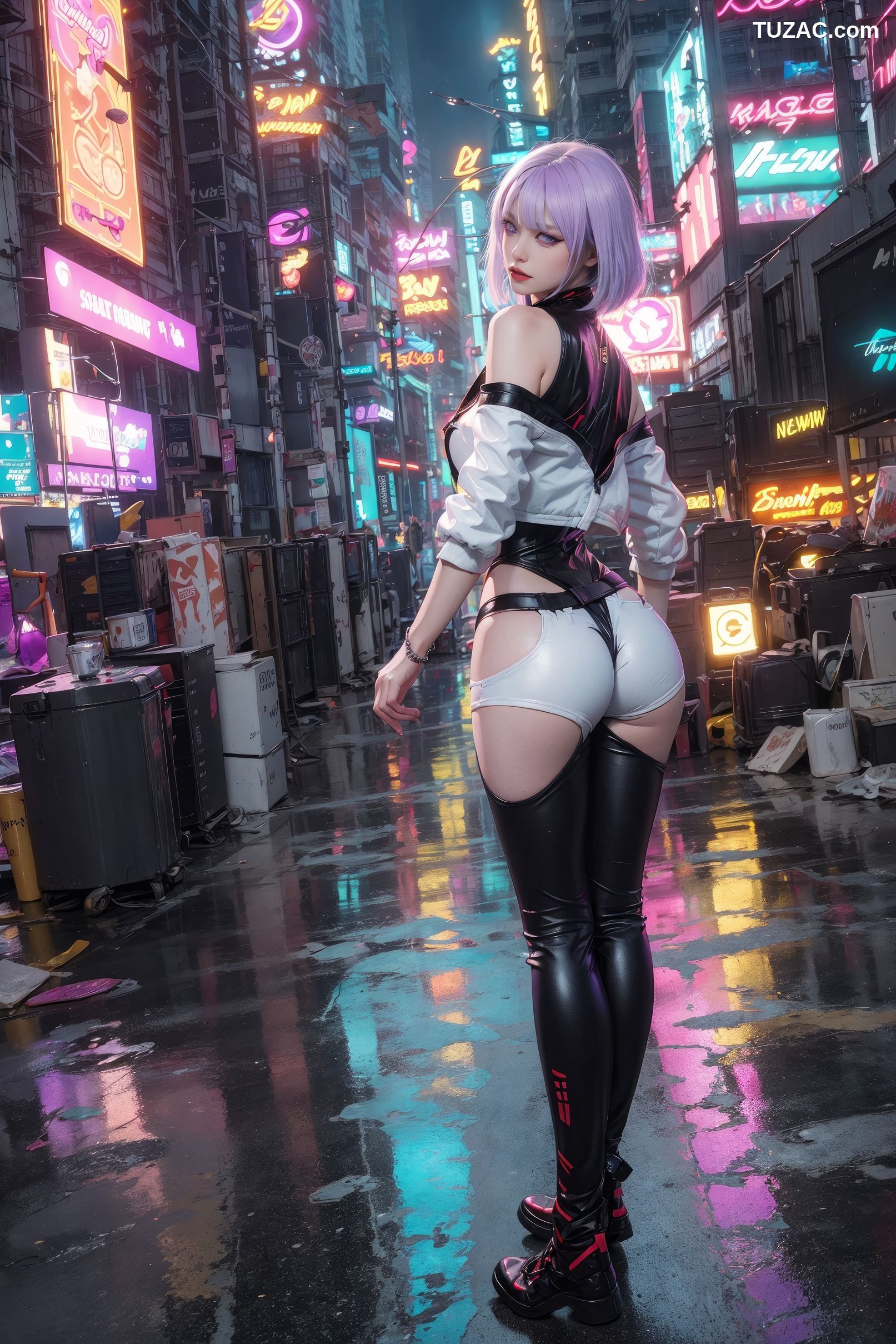 AI美女-赛博朋克-露西-淡紫色短发美少女