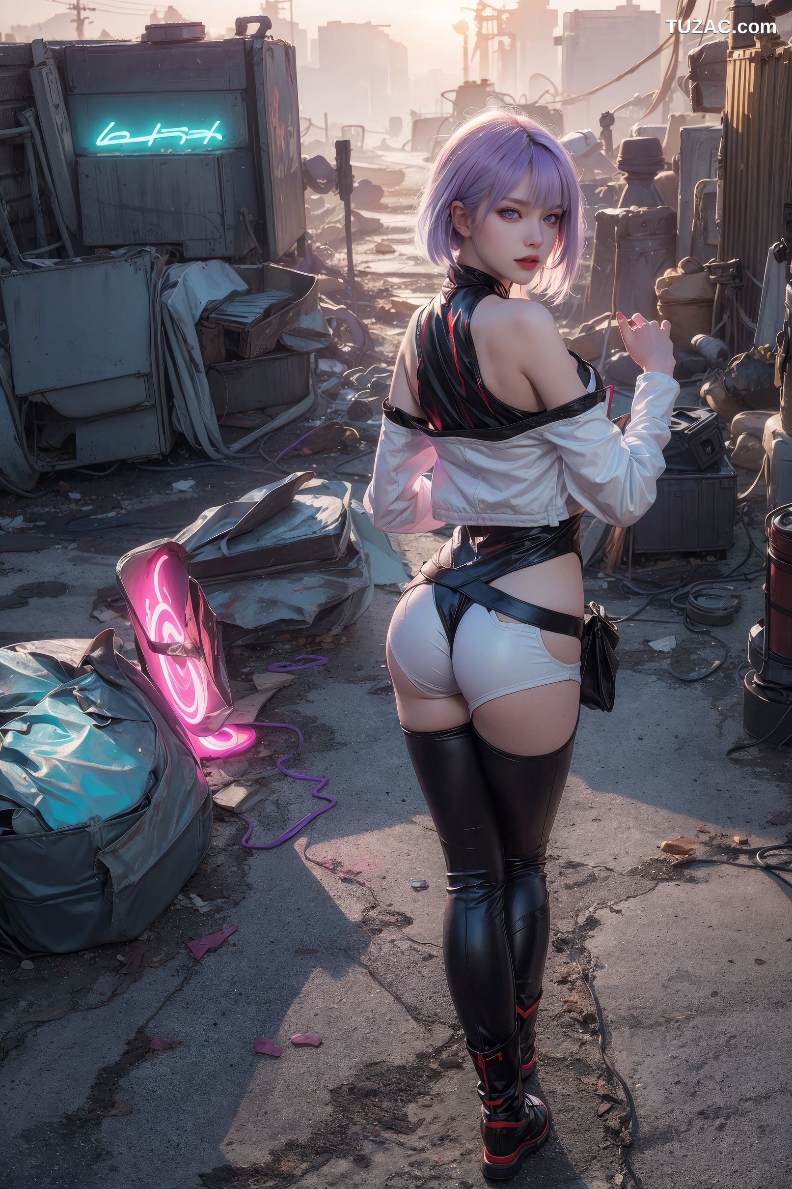 AI美女-赛博朋克-露西-淡紫色短发美少女