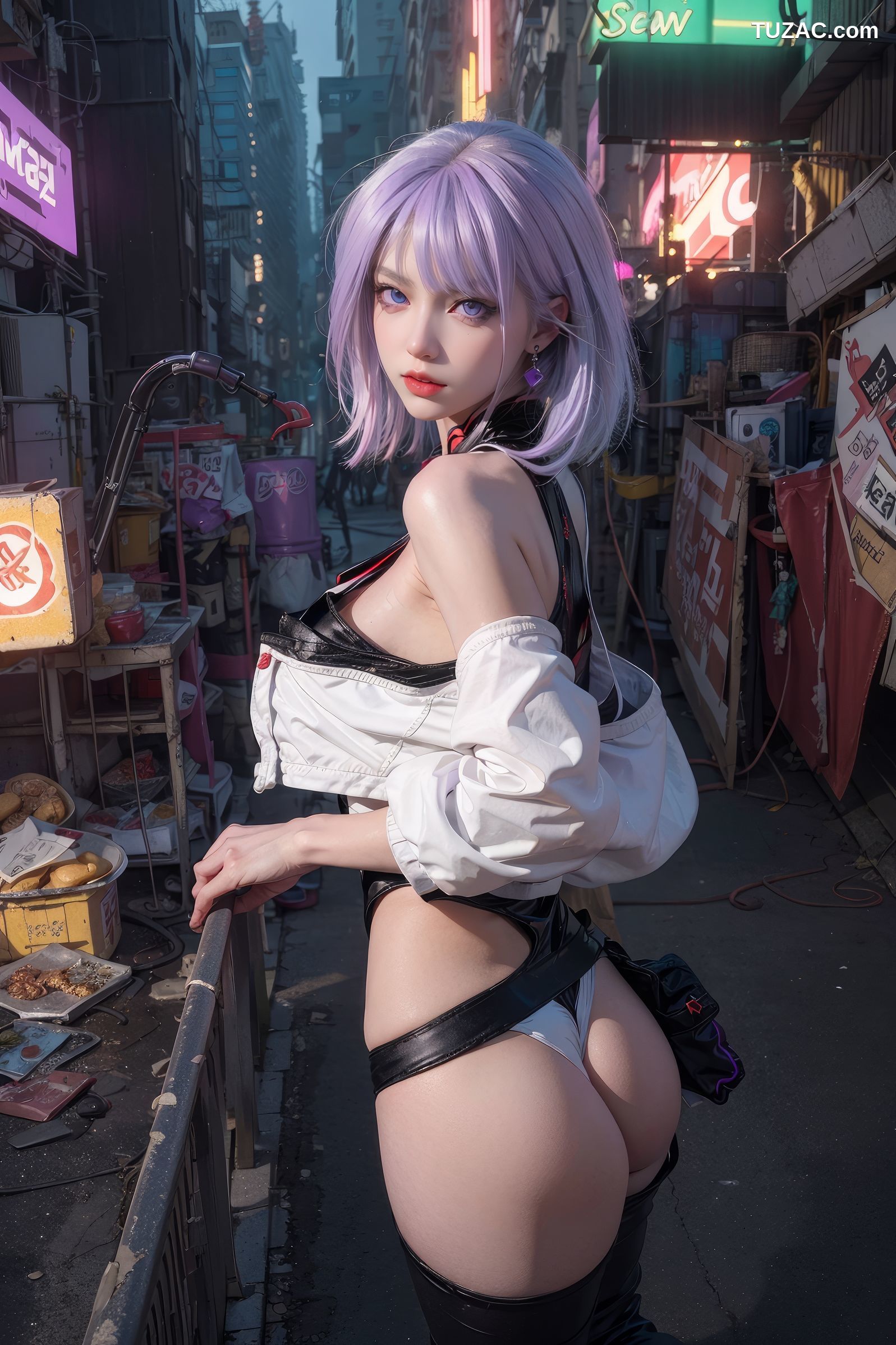 AI美女-赛博朋克-露西-淡紫色短发美少女