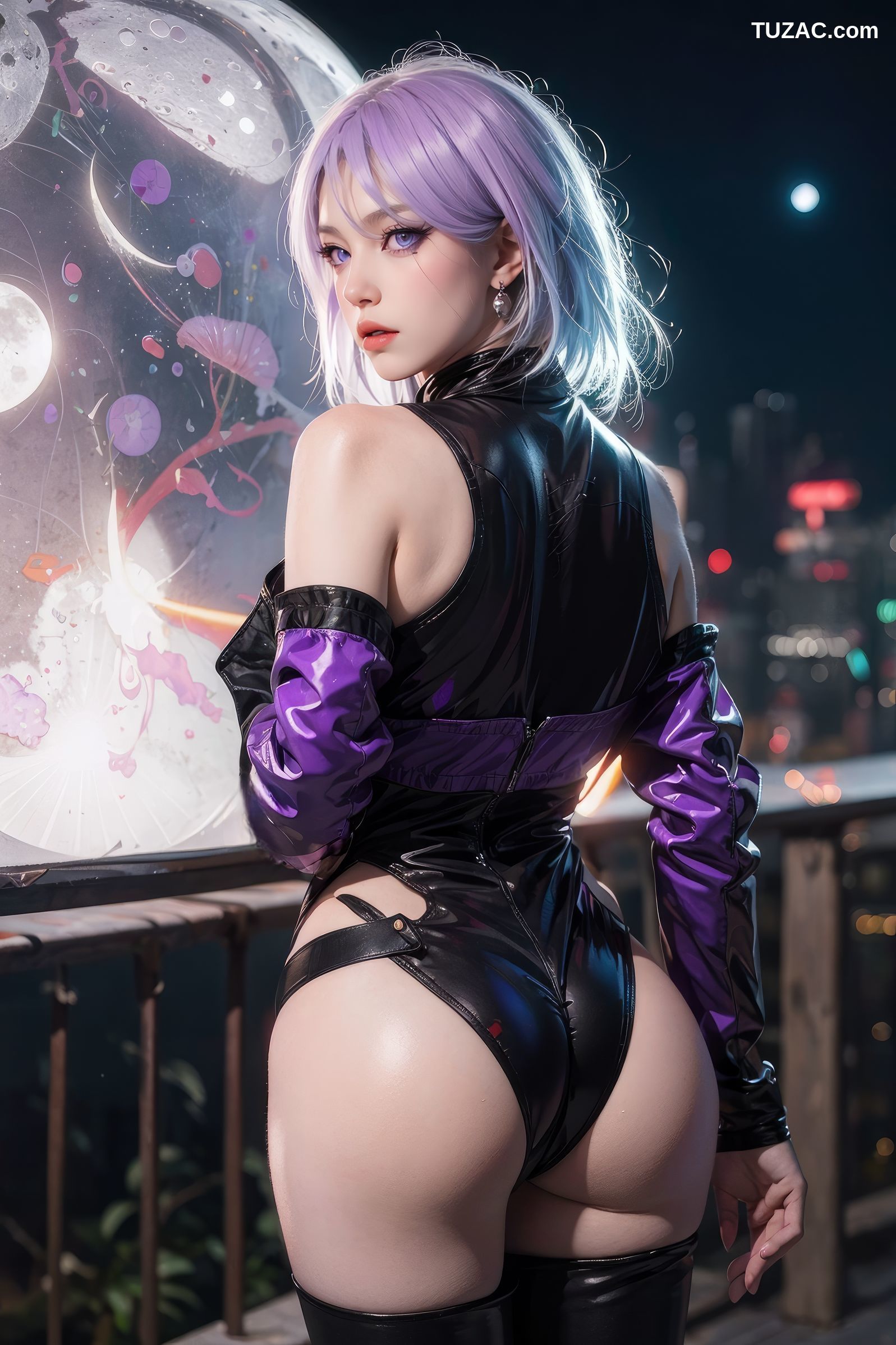 AI美女-赛博朋克-露西-淡紫色短发美少女