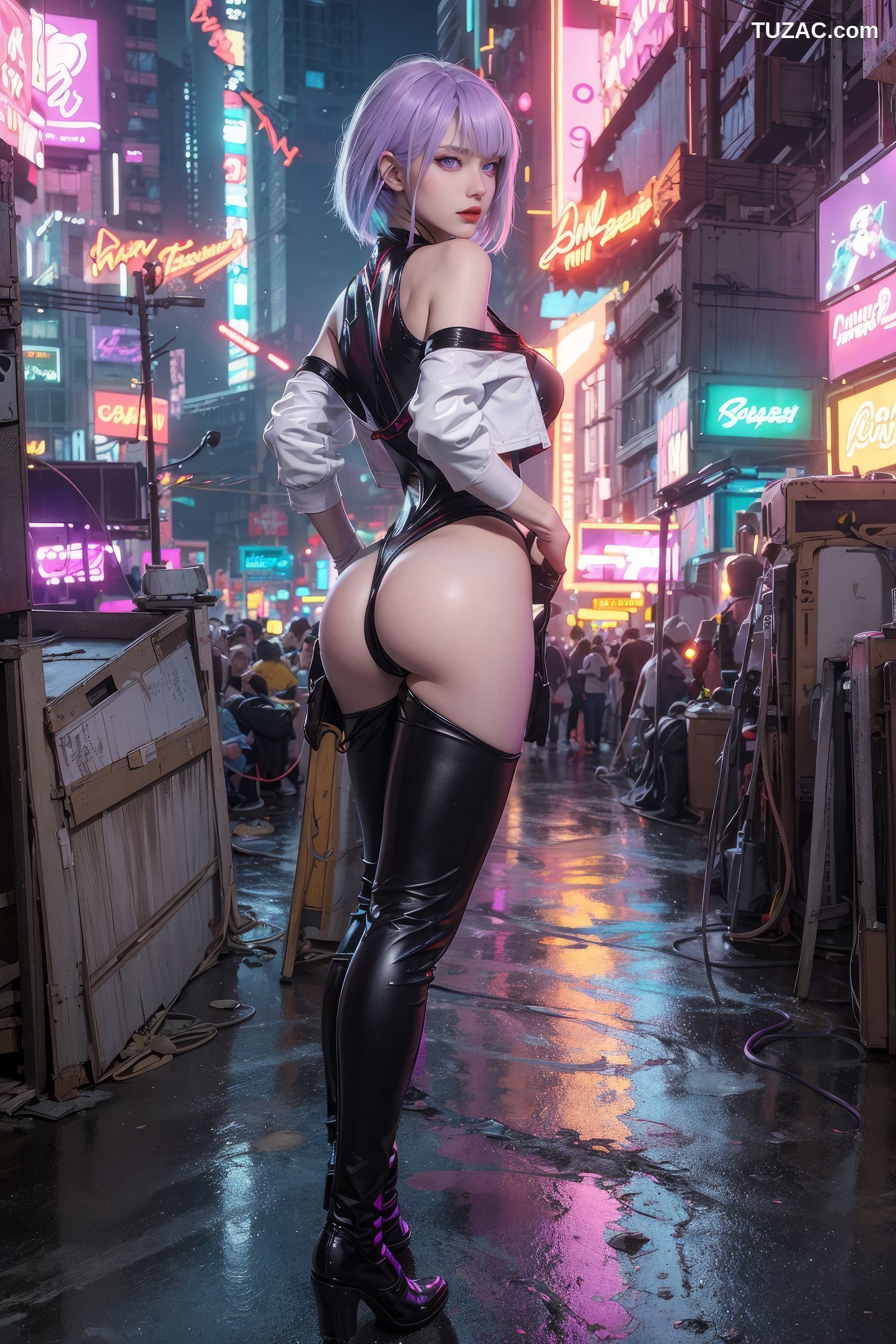 AI美女-赛博朋克-露西-淡紫色短发美少女