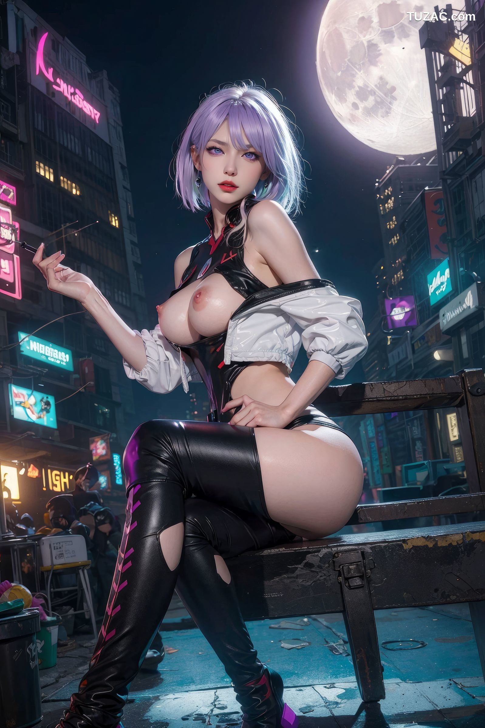 AI美女-赛博朋克-露西-淡紫色短发美少女