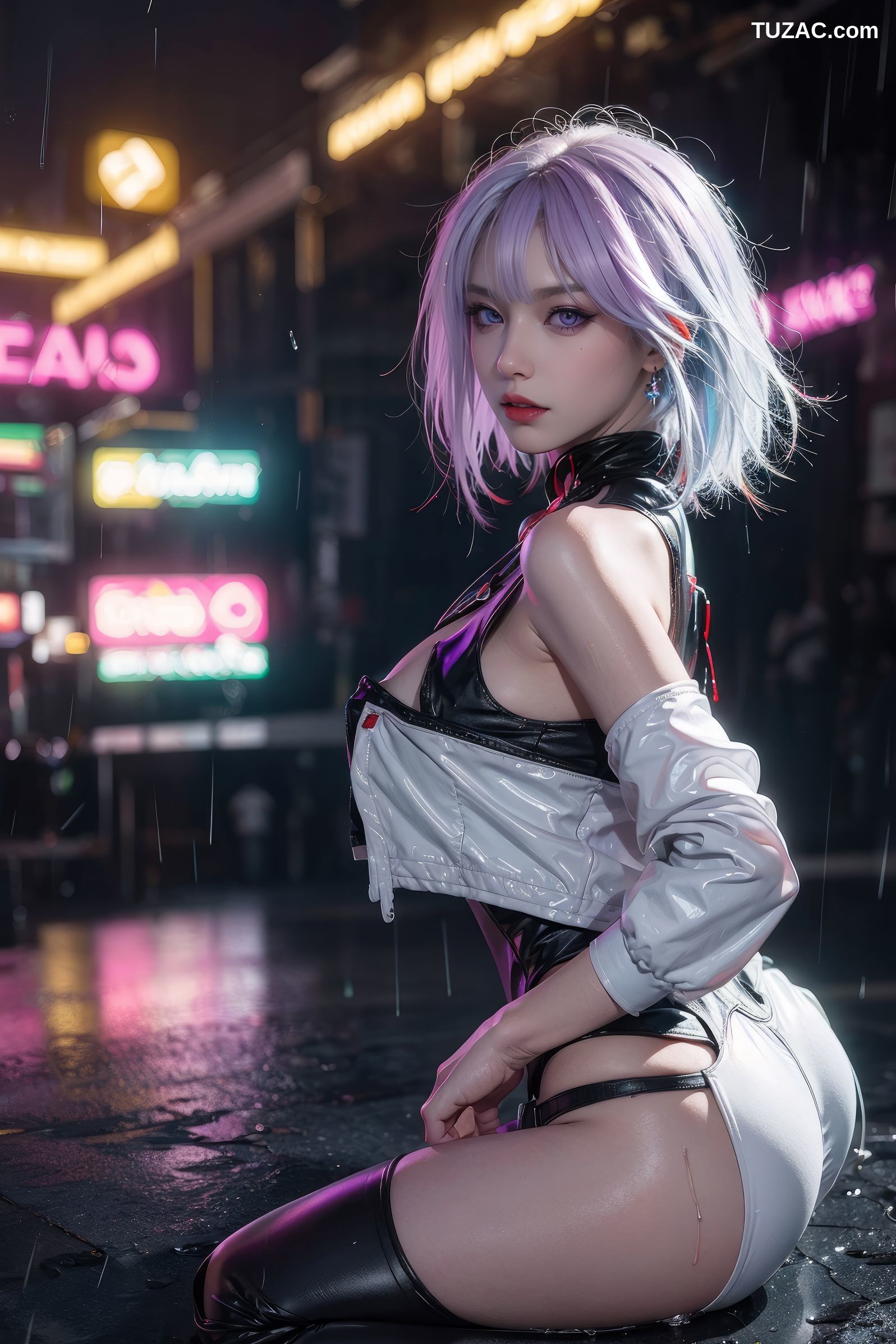 AI美女-赛博朋克-露西-淡紫色短发美少女