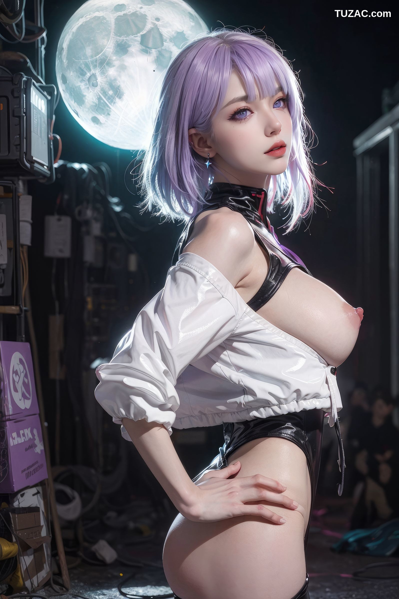 AI美女-赛博朋克-露西-淡紫色短发美少女