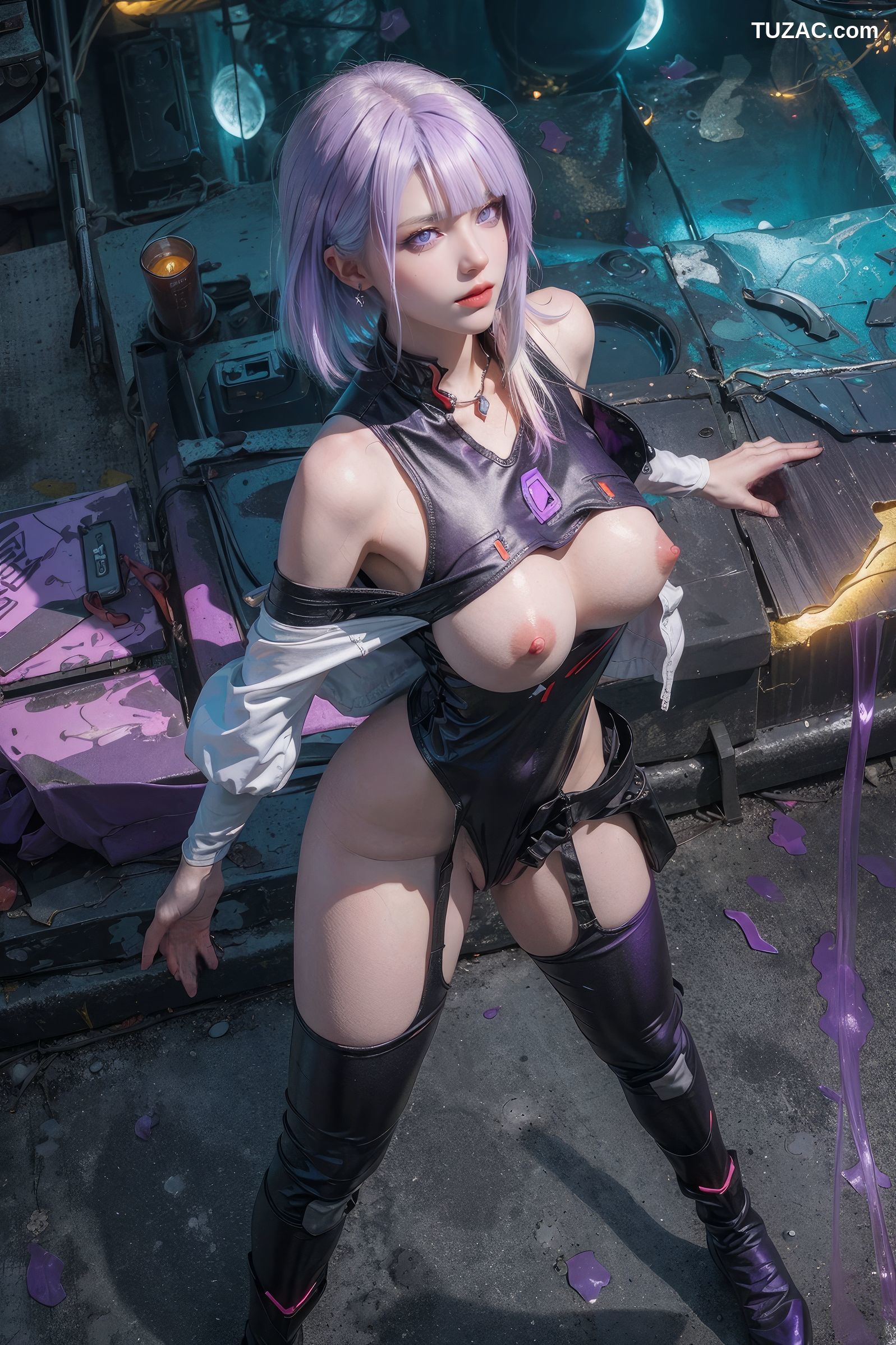 AI美女-赛博朋克-露西-淡紫色短发美少女