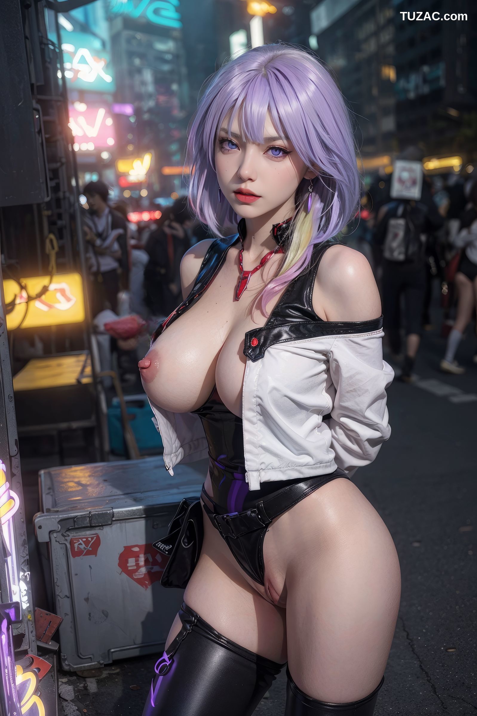 AI美女-赛博朋克-露西-淡紫色短发美少女