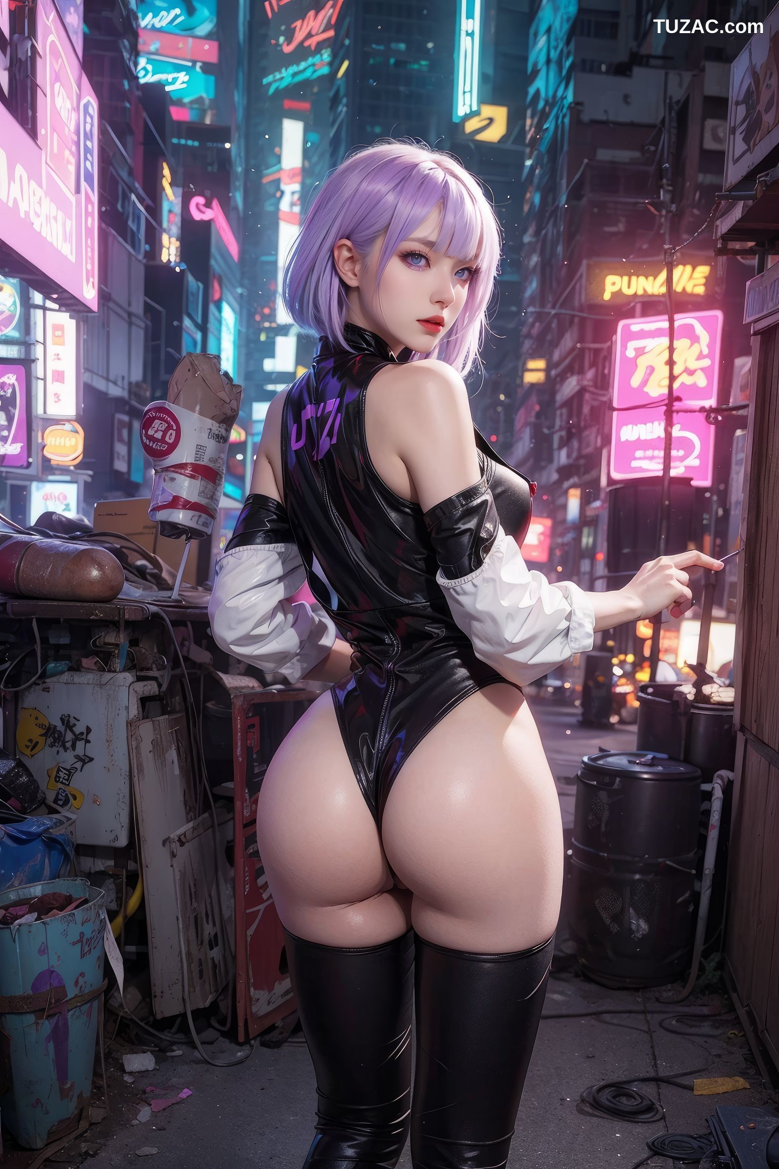 AI美女-赛博朋克-露西-淡紫色短发美少女