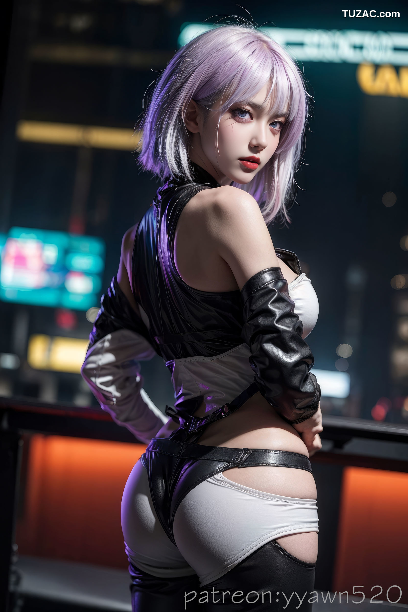 AI美女-赛博朋克-露西-淡紫色短发美少女