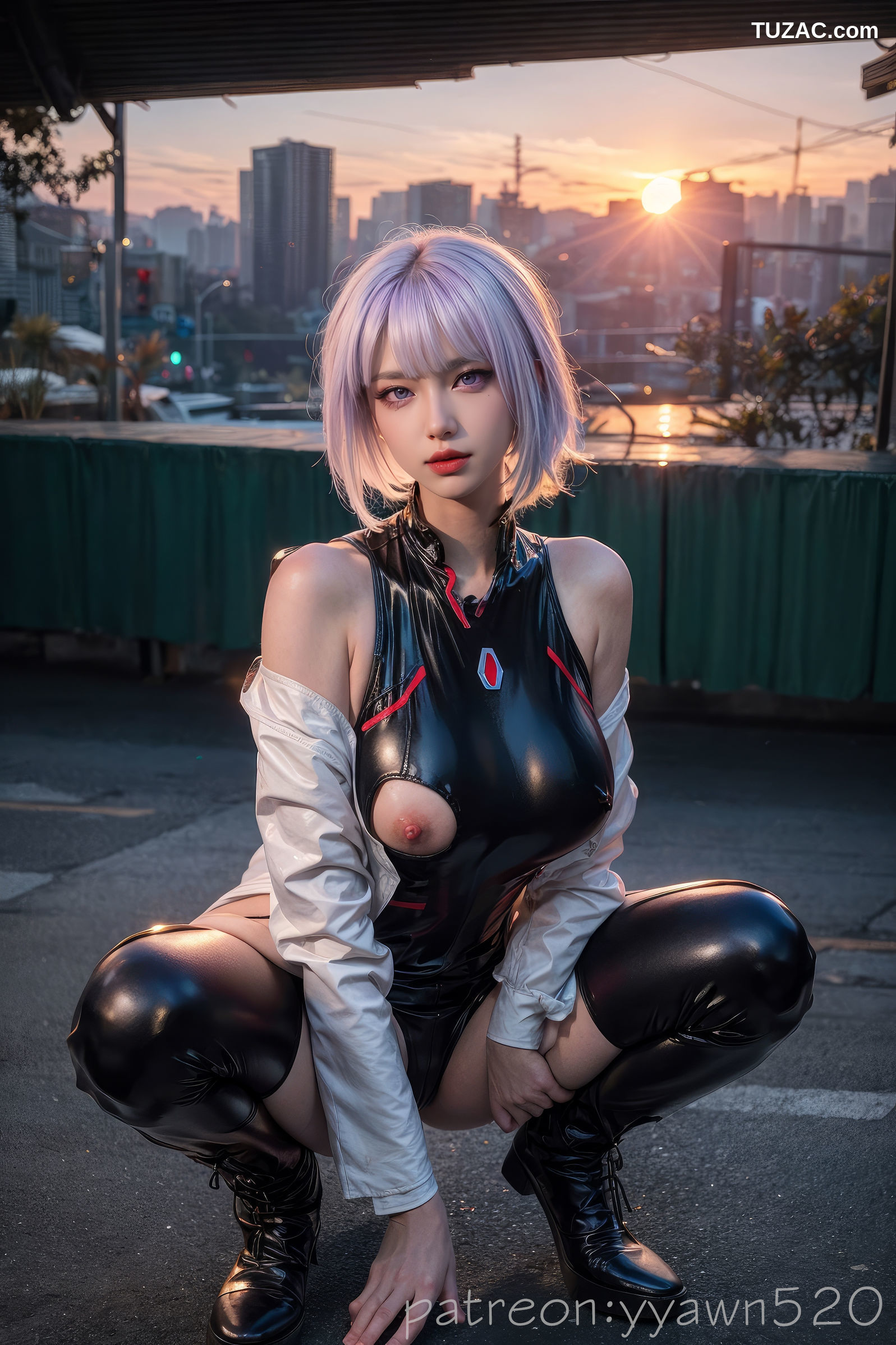 AI美女-赛博朋克-露西-淡紫色短发美少女