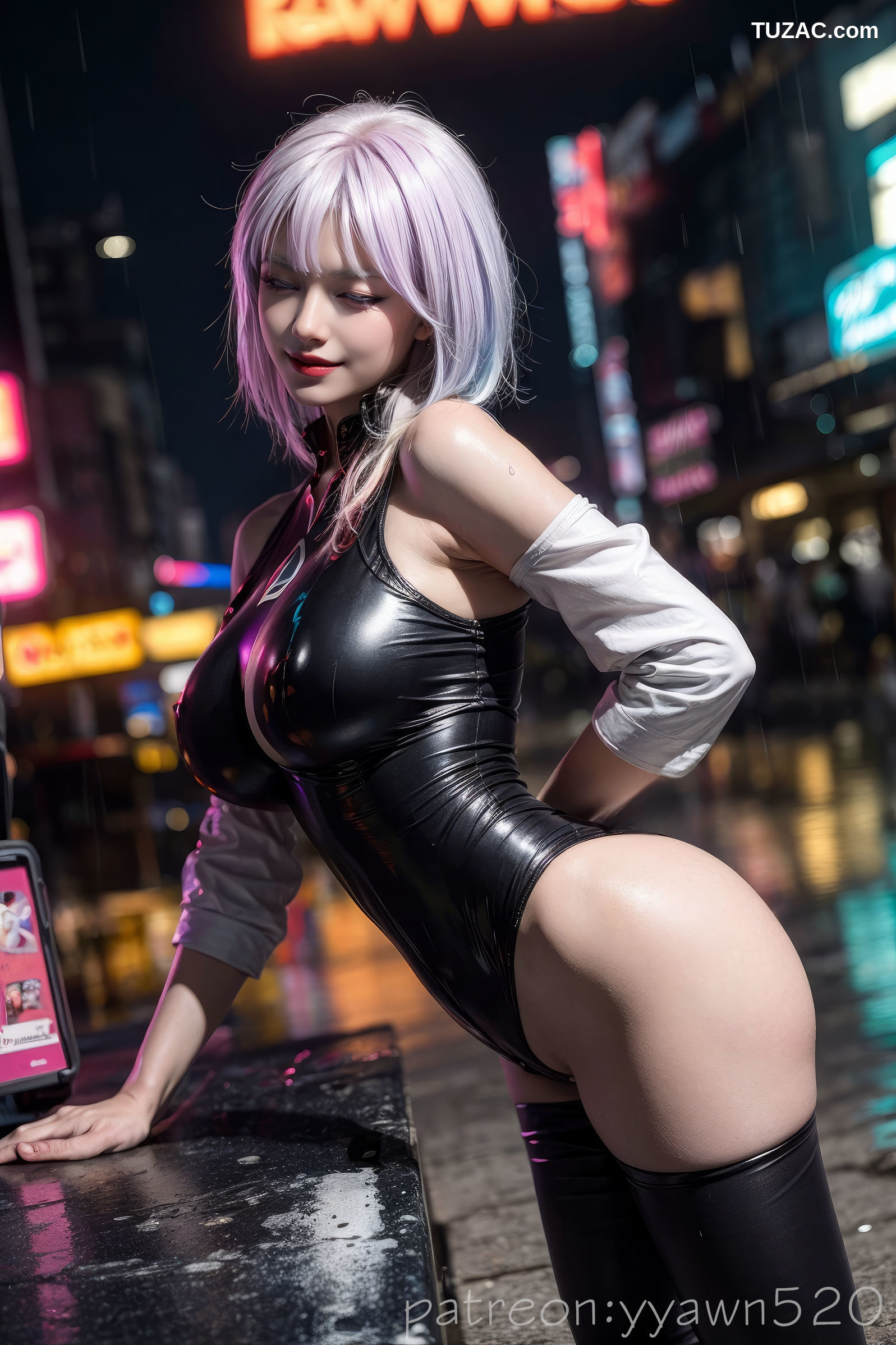 AI美女-赛博朋克-露西-淡紫色短发美少女