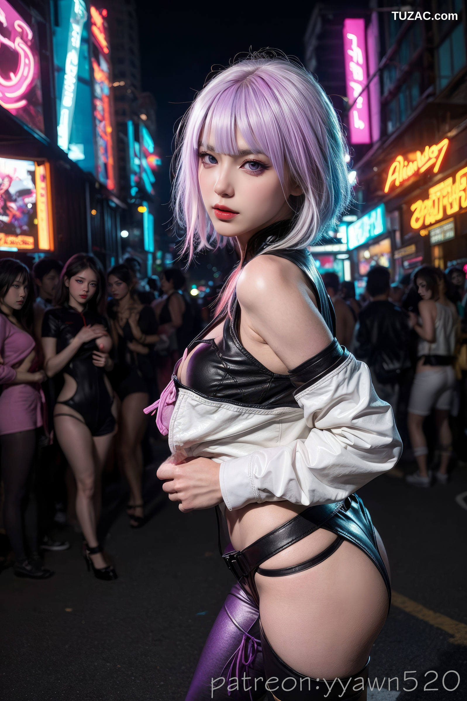 AI美女-赛博朋克-露西-淡紫色短发美少女