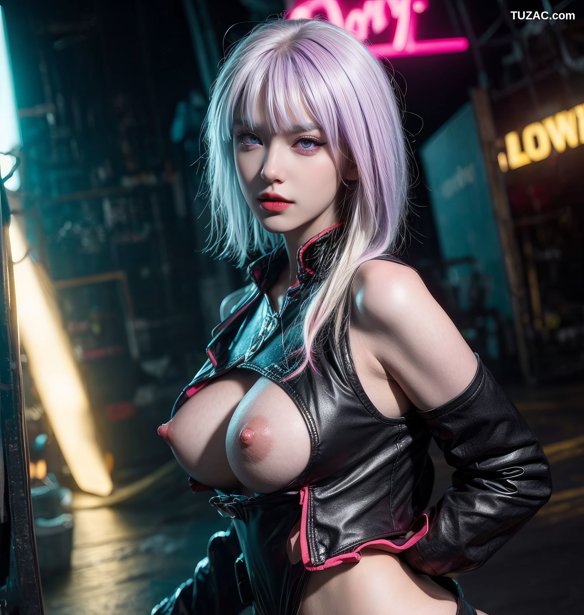 AI美女-赛博朋克-露西-淡紫色短发美少女