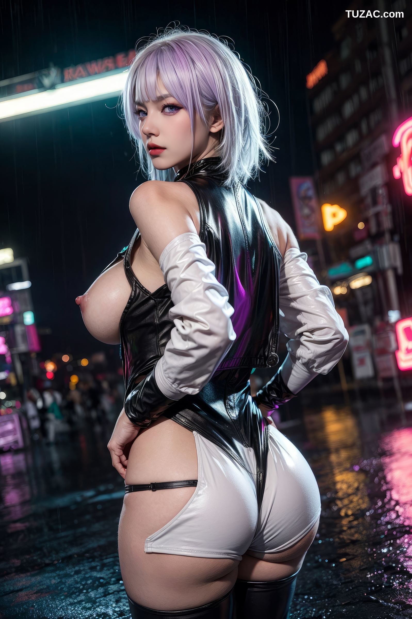 AI美女-赛博朋克-露西-淡紫色短发美少女