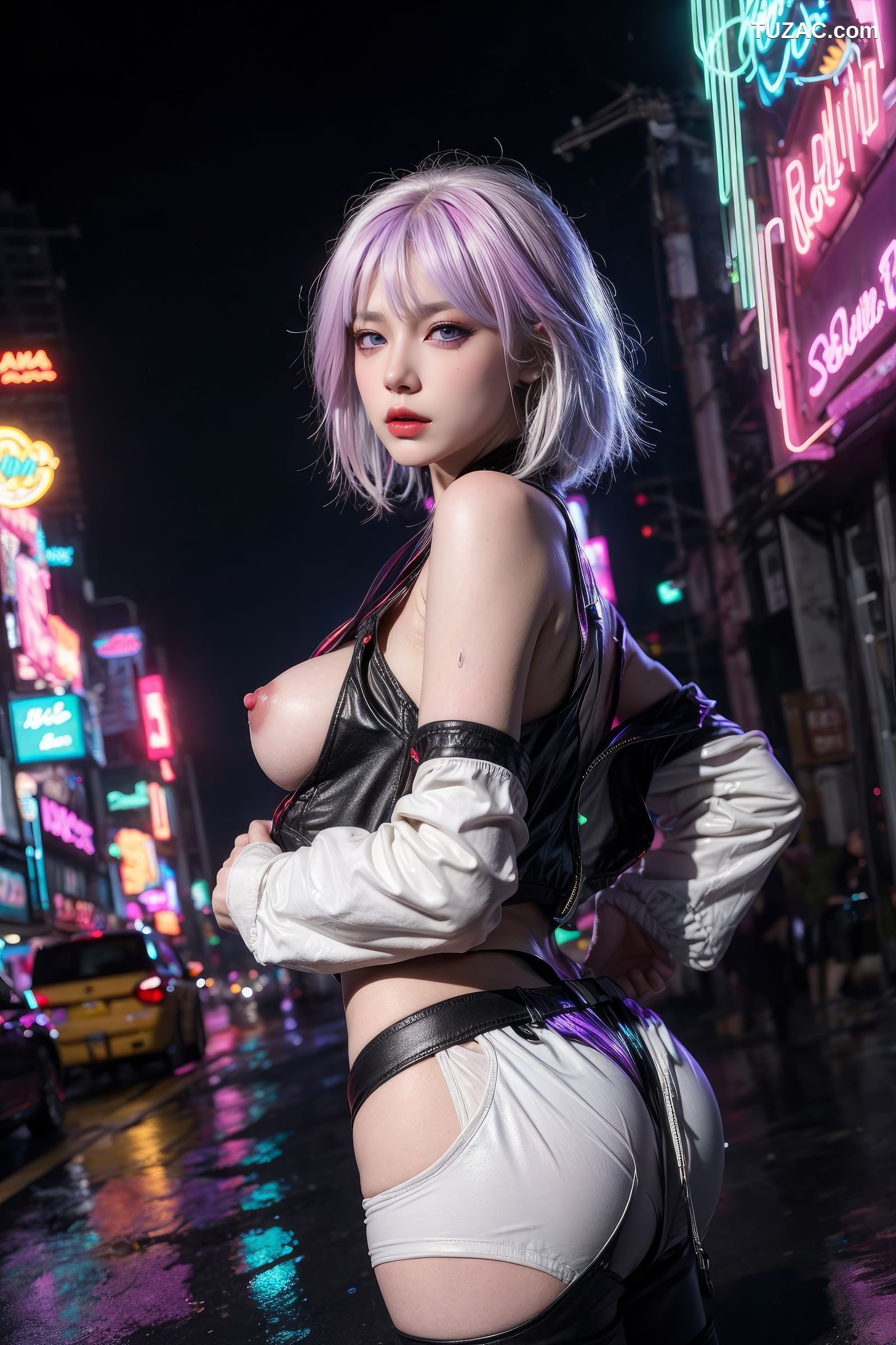 AI美女-赛博朋克-露西-淡紫色短发美少女