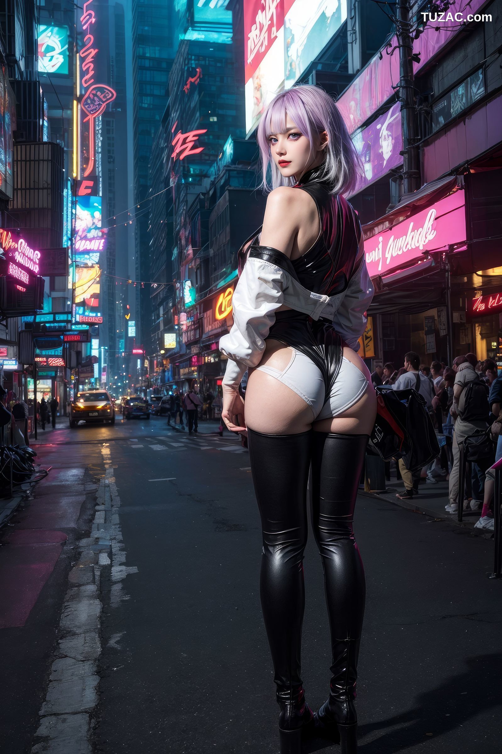 AI美女-赛博朋克-露西-淡紫色短发美少女