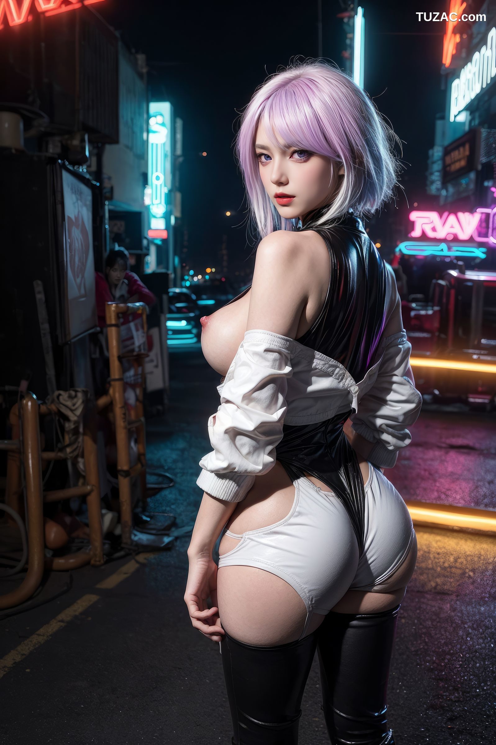 AI美女-赛博朋克-露西-淡紫色短发美少女