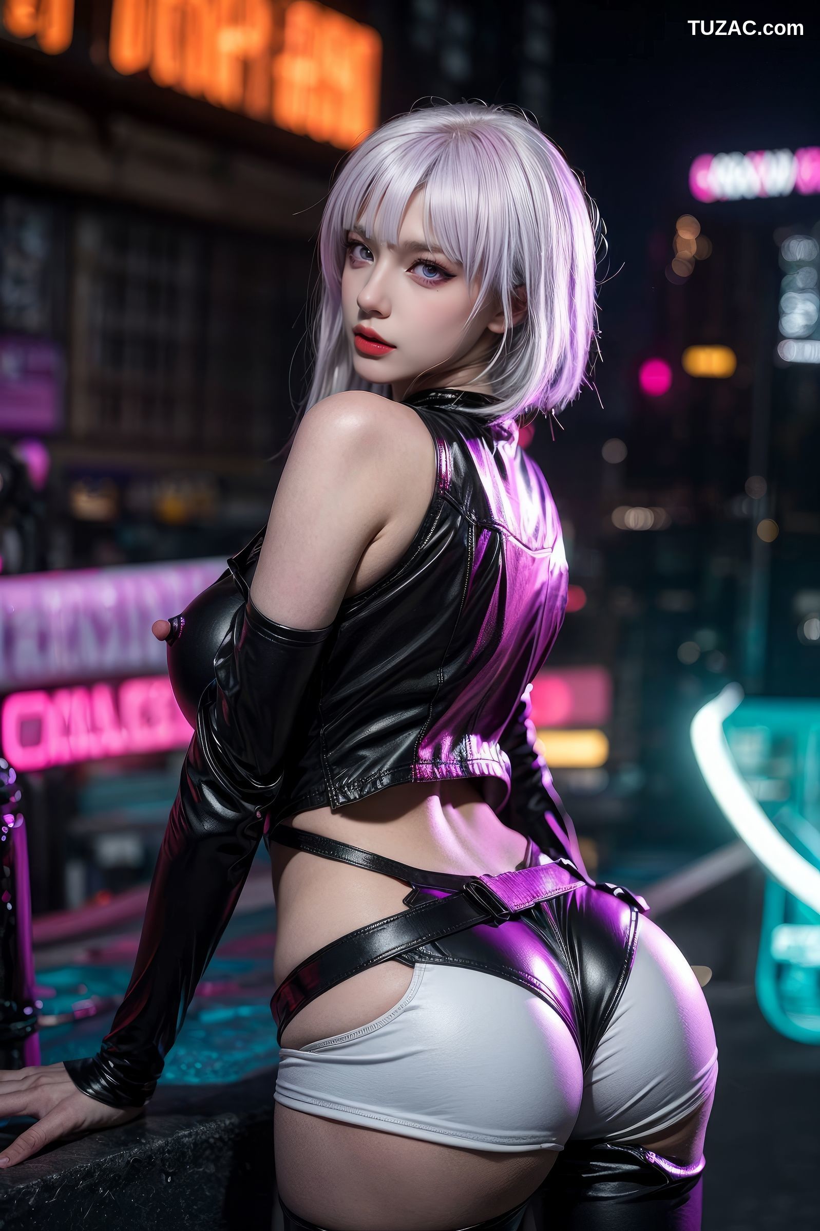 AI美女-赛博朋克-露西-淡紫色短发美少女